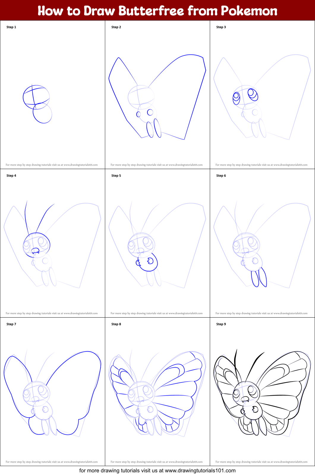 How to Draw Butterfree from Pokemon Printable Step by Step