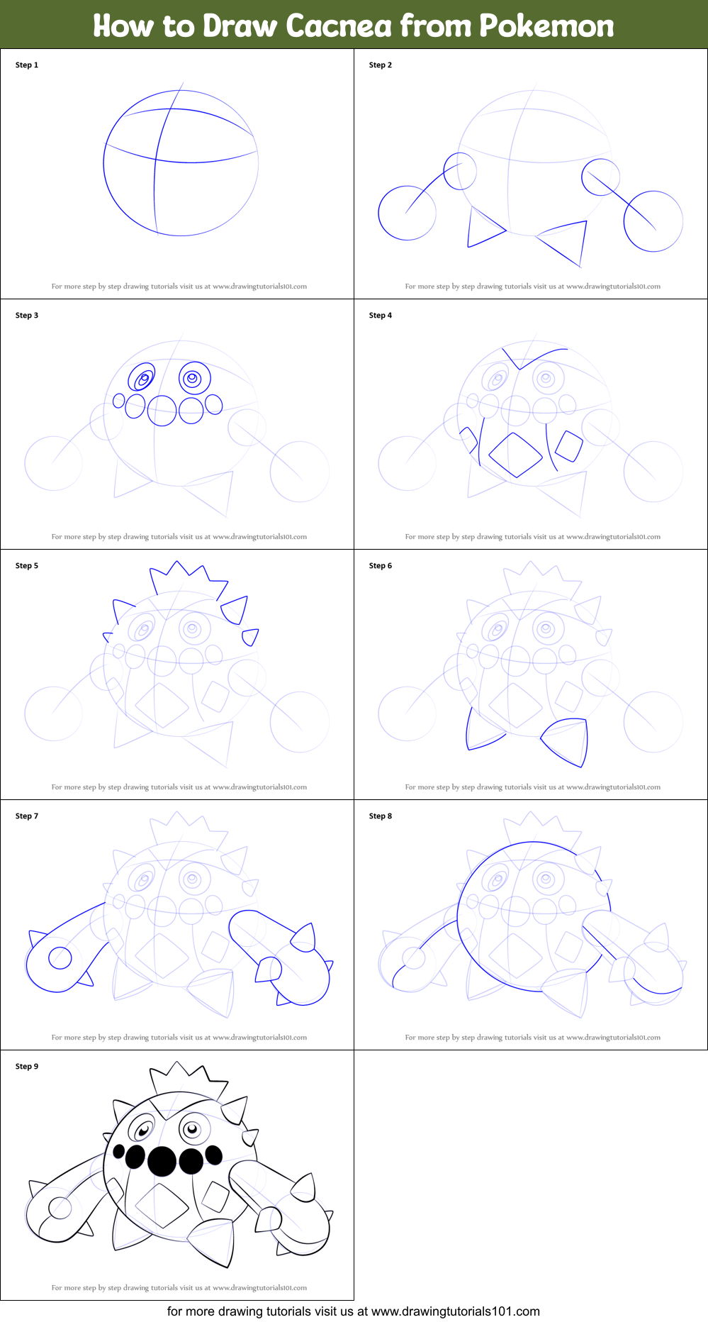 How to Draw Cacnea from Pokemon Printable Step by Step