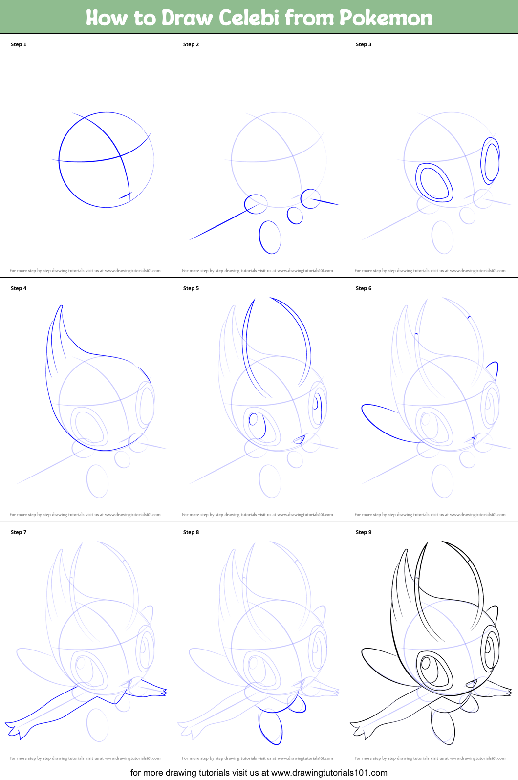 How to Draw Celebi from Pokemon Printable Step by Step