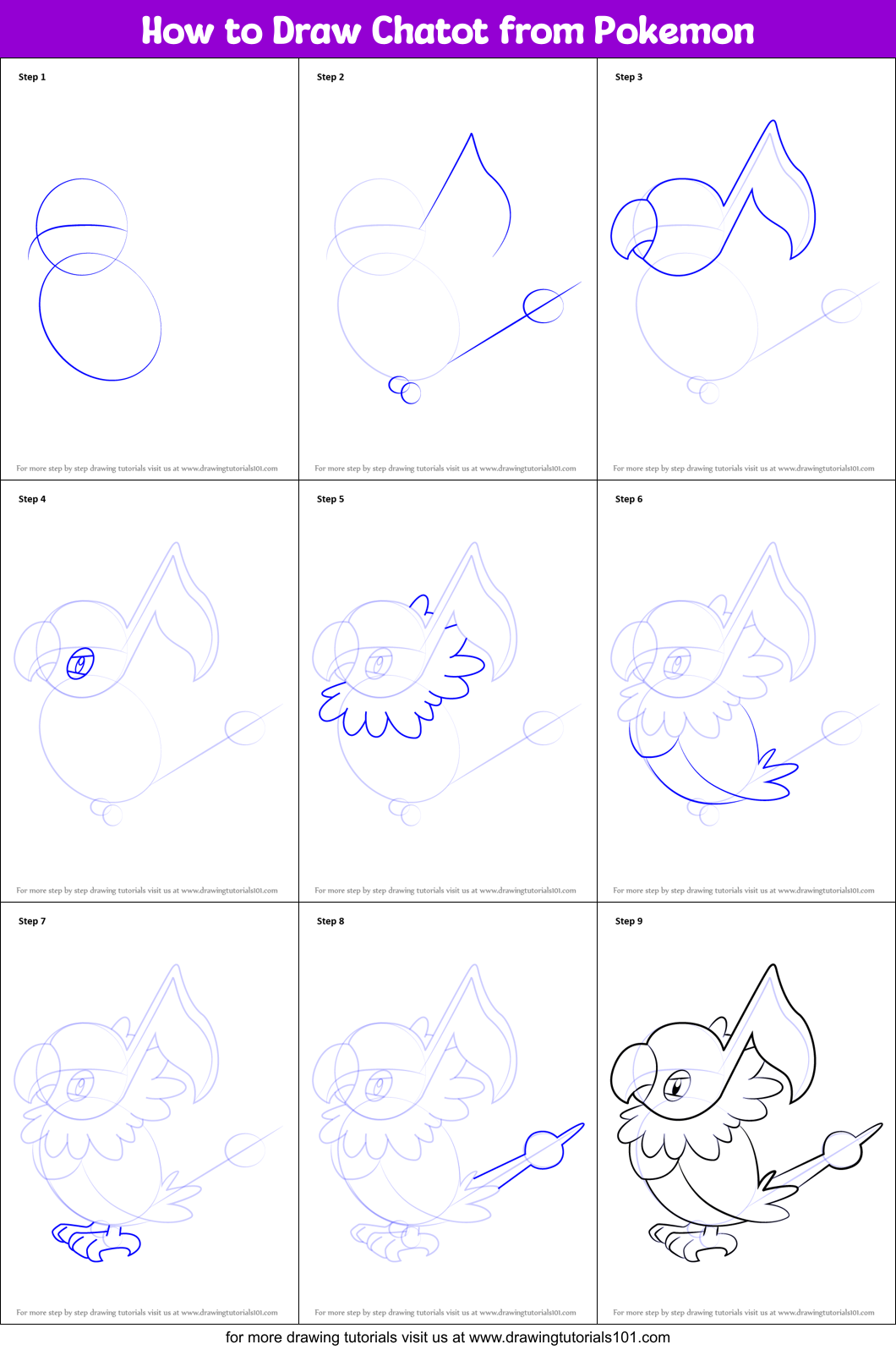 How to Draw Chatot from Pokemon Printable Step by Step