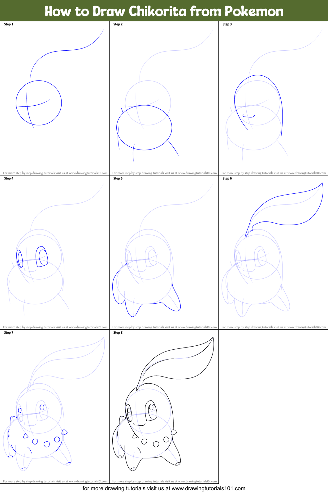 How to Draw Chikorita from Pokemon Printable Step by Step