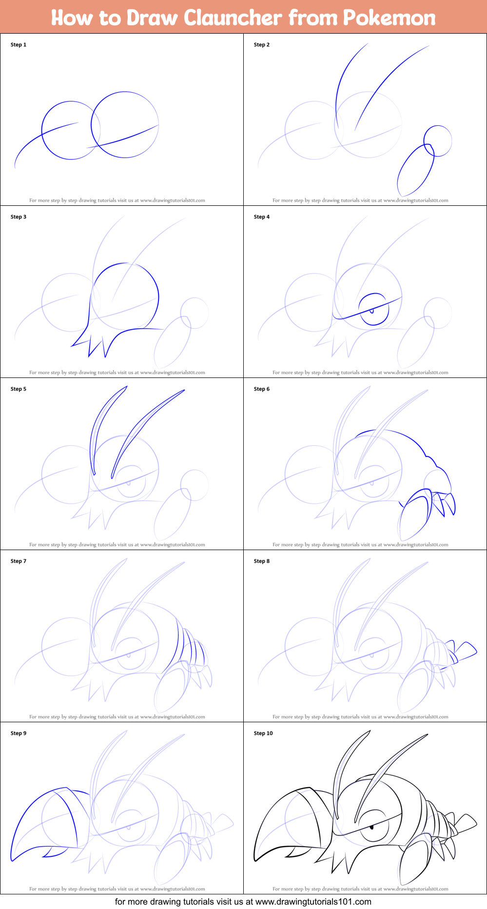 How to Draw Clauncher from Pokemon Printable Step by Step