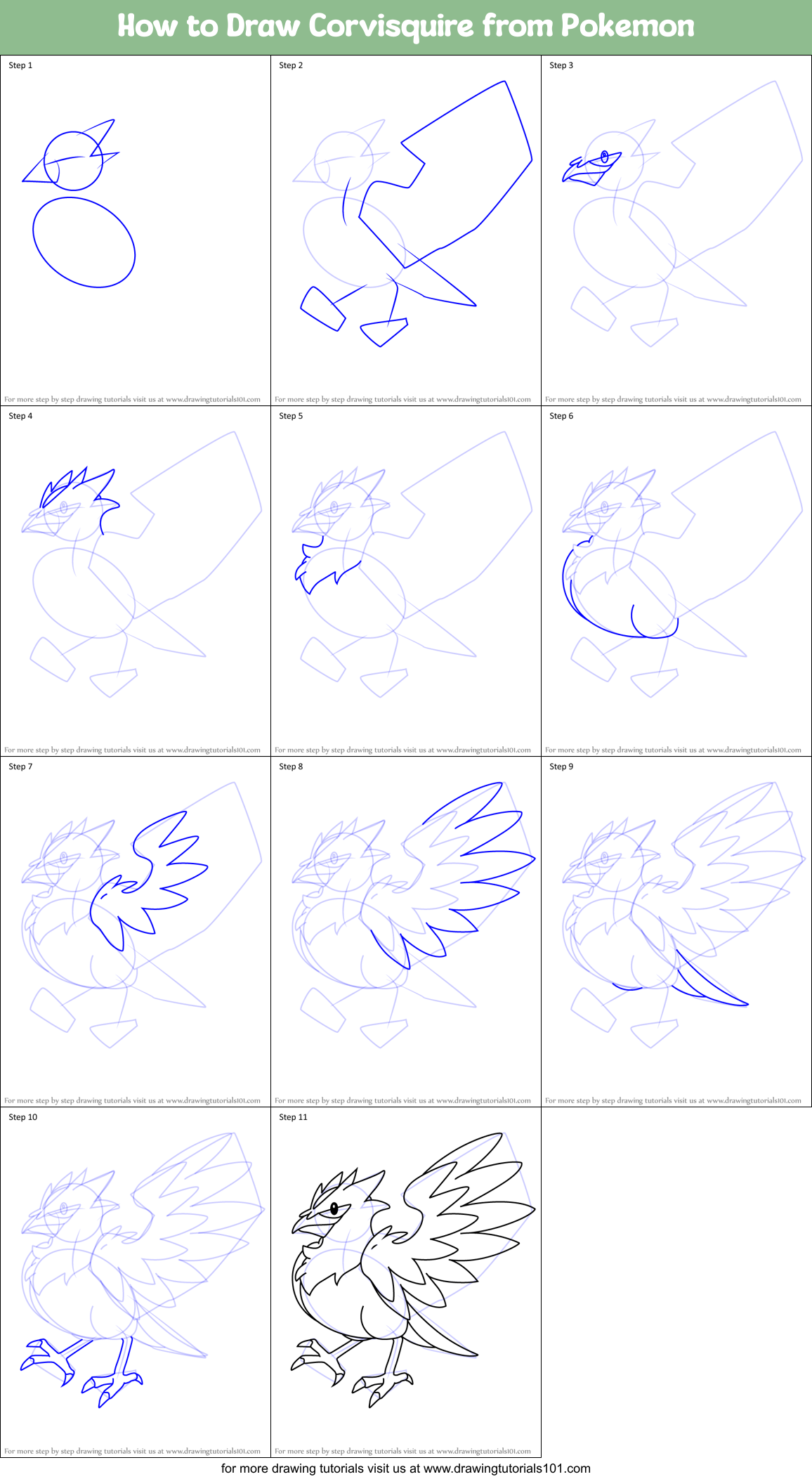 How to Draw Corvisquire from Pokemon Printable Step by Step
