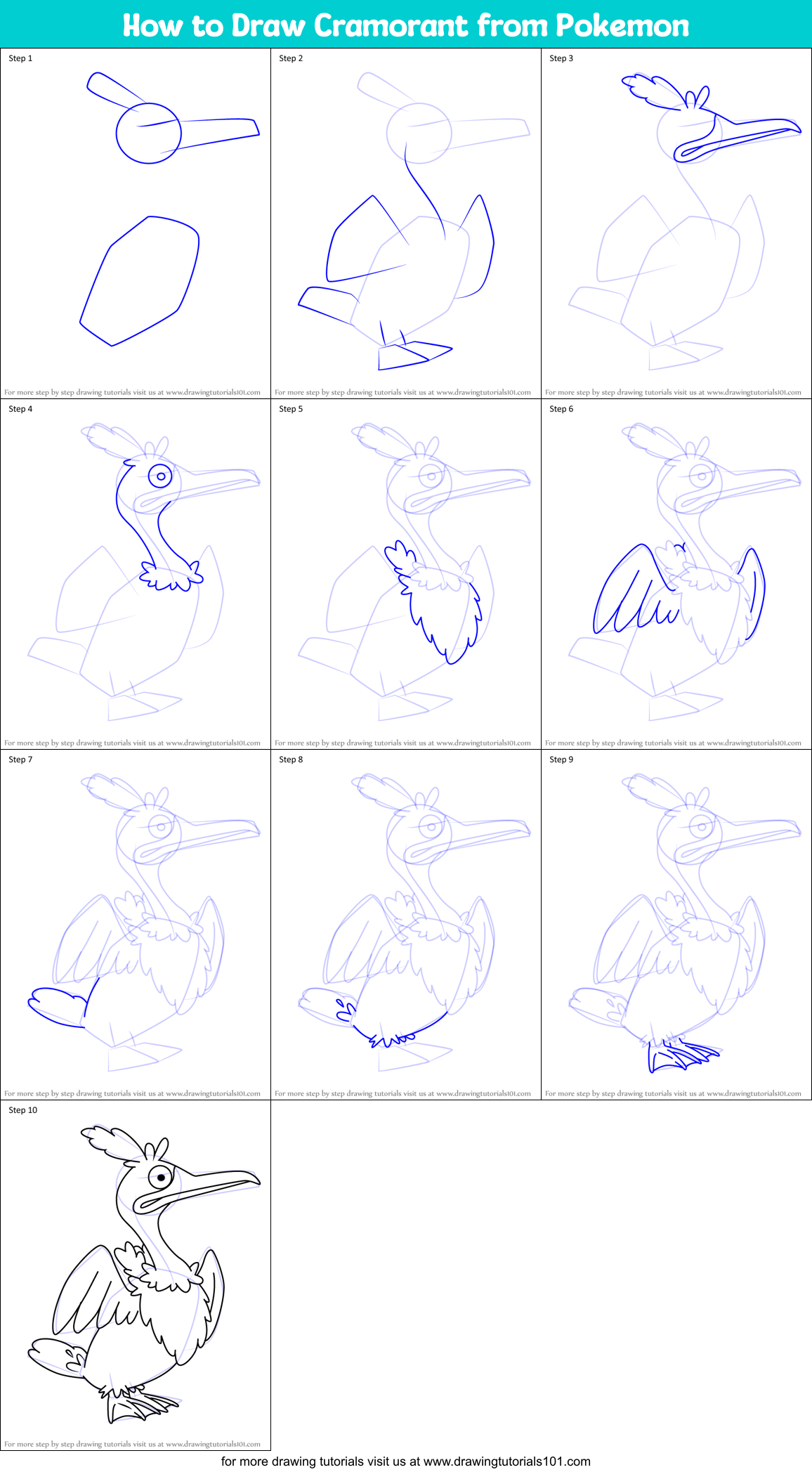 How to Draw Cramorant from Pokemon Printable Step by Step