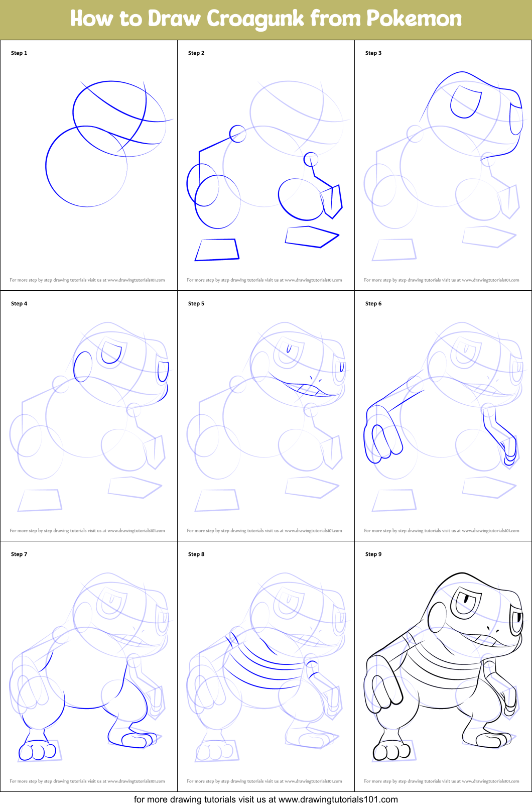 How to Draw Croagunk from Pokemon Printable Step by Step