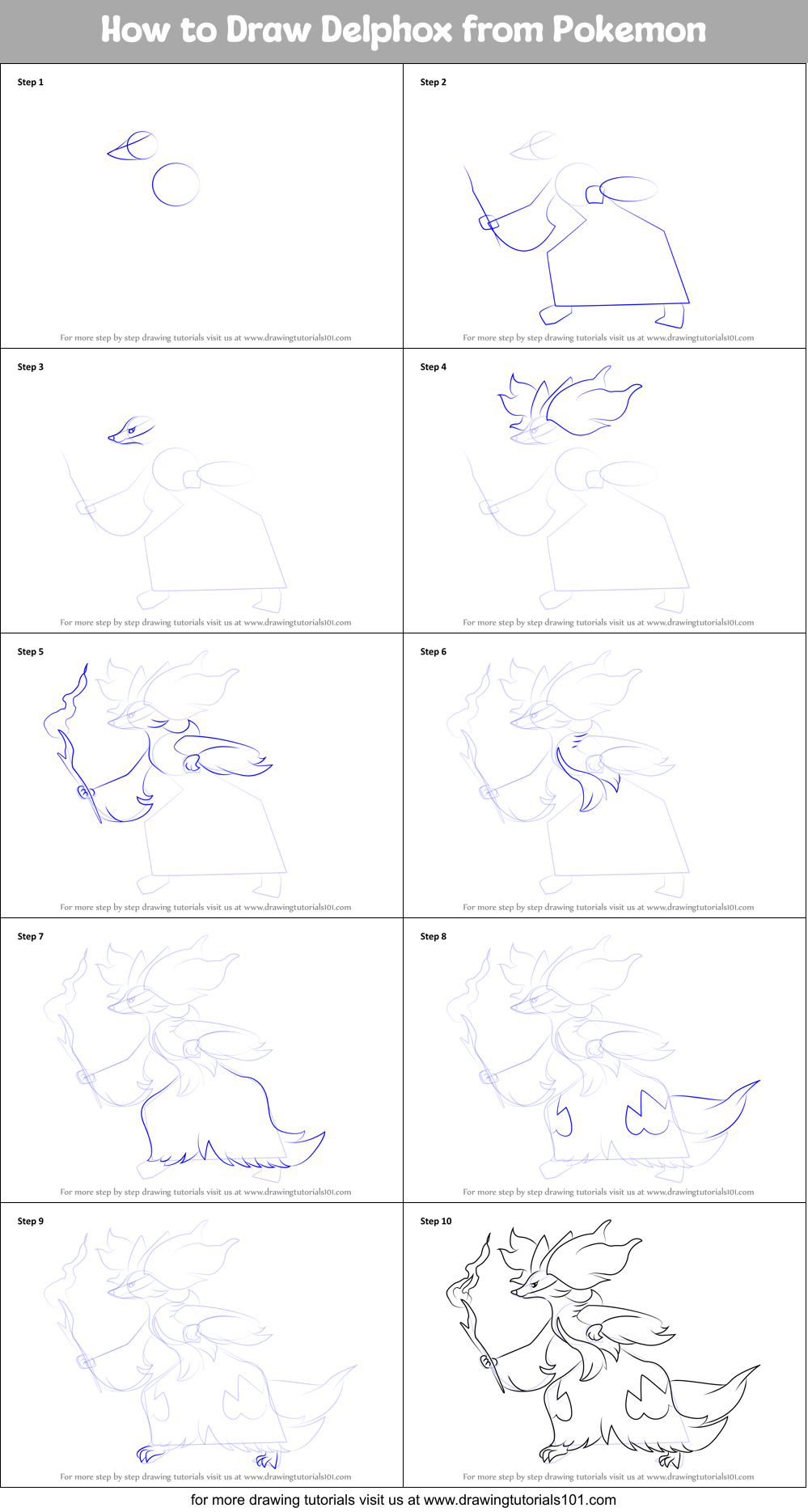 How to Draw Delphox from Pokemon Printable Step by Step