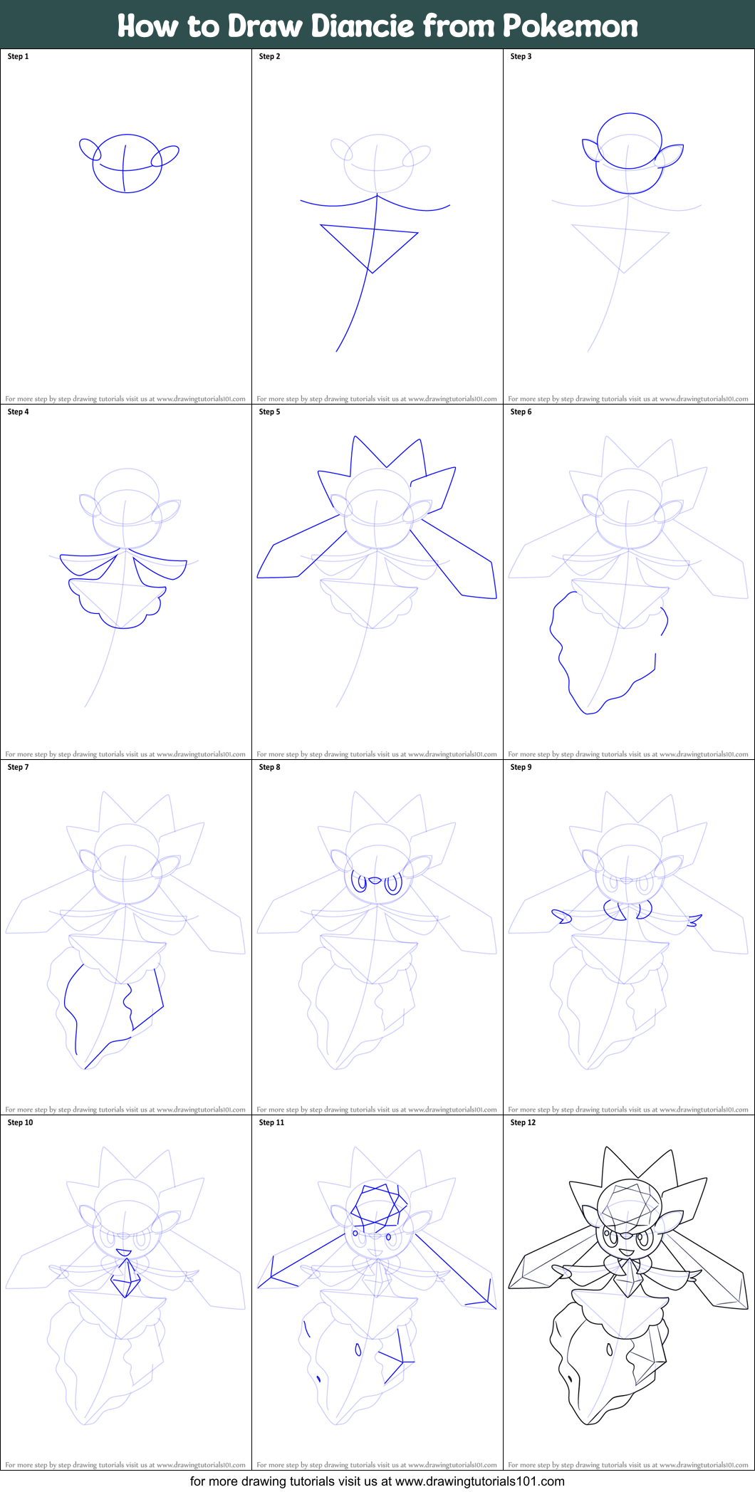 How to Draw Diancie from Pokemon Printable Step by Step