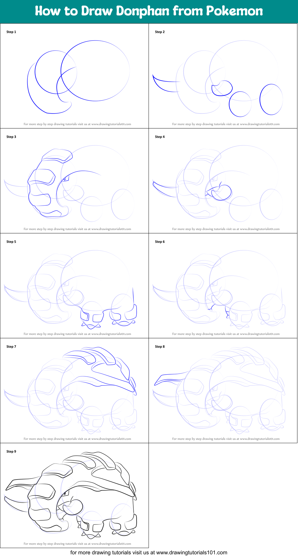 How to Draw Donphan from Pokemon Printable Step by Step