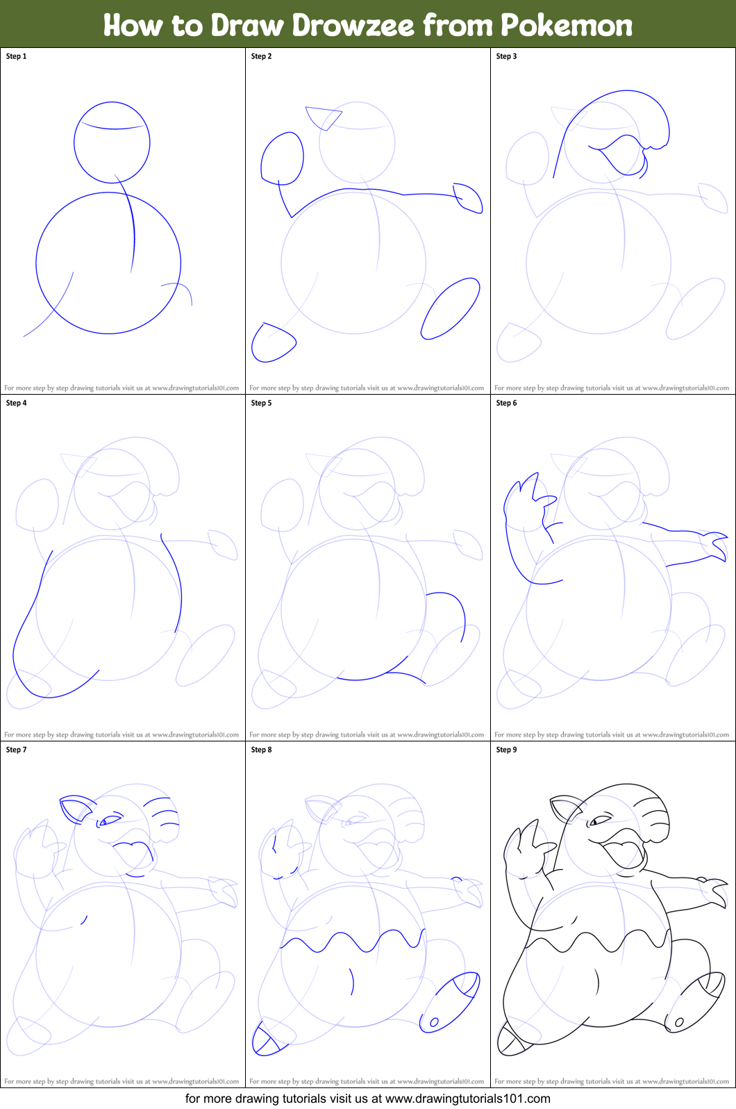 How to Draw Drowzee from Pokemon Printable Step by Step
