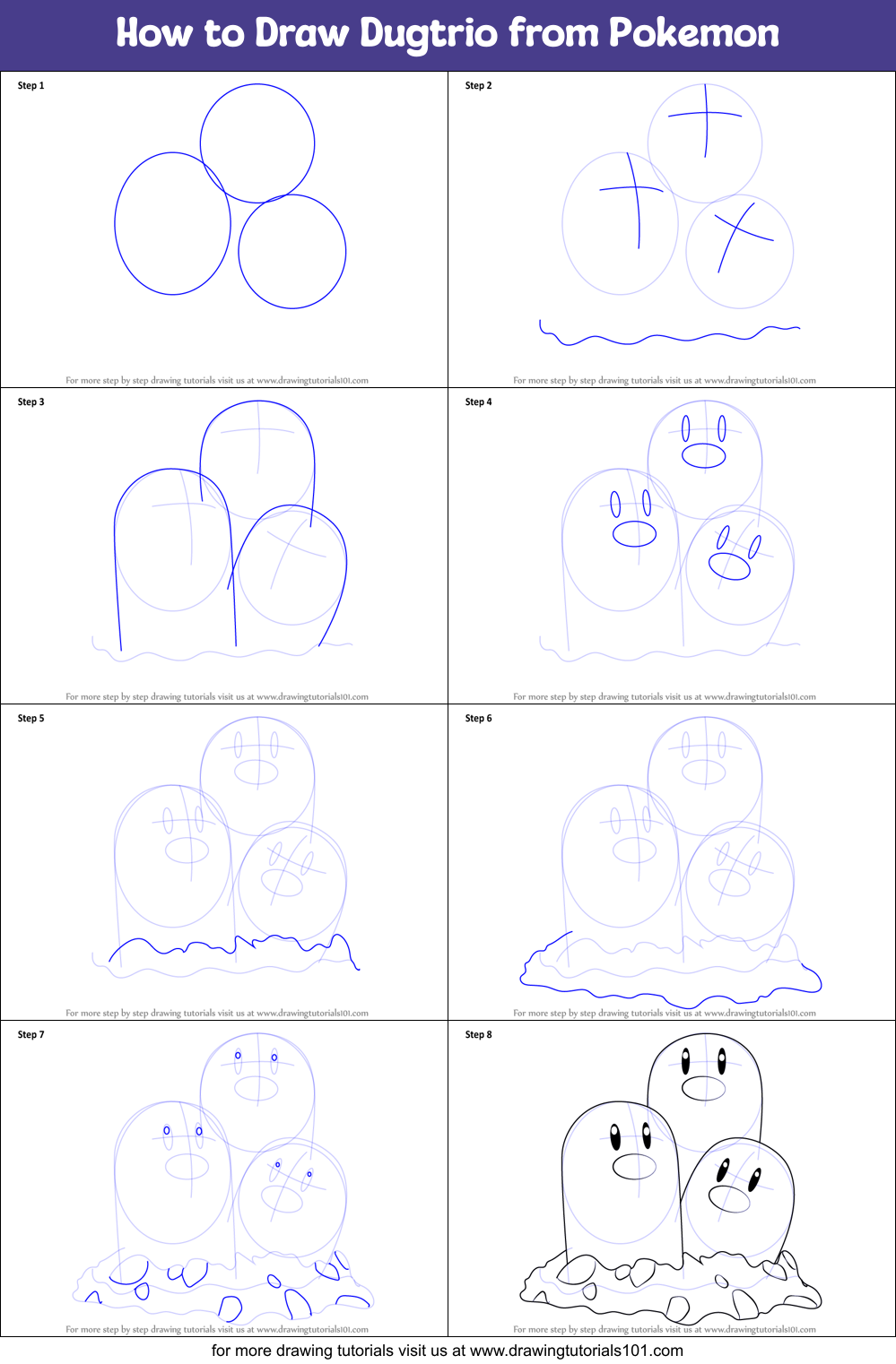 How to Draw Dugtrio from Pokemon Printable Step by Step