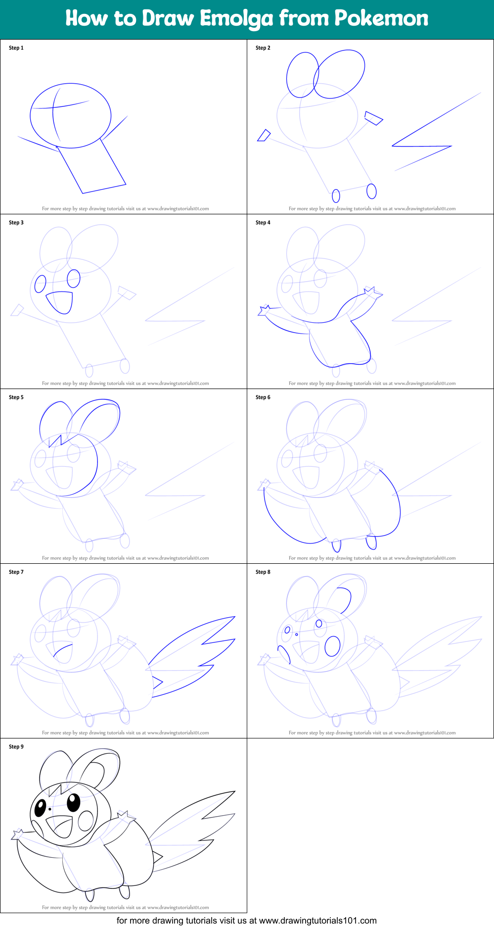 How to Draw Emolga from Pokemon printable step by step drawing sheet