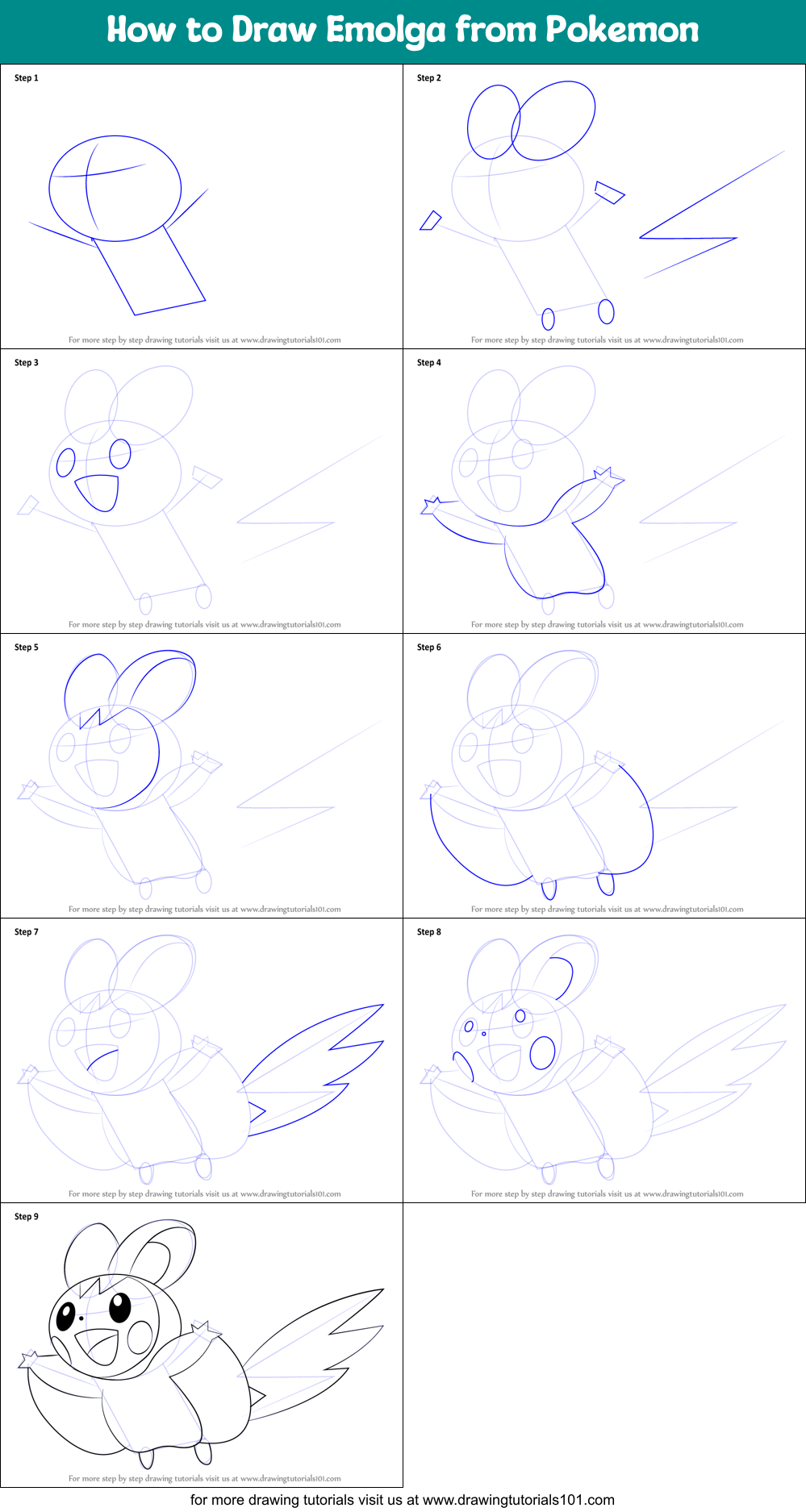 How to Draw Emolga from Pokemon Printable Step by Step