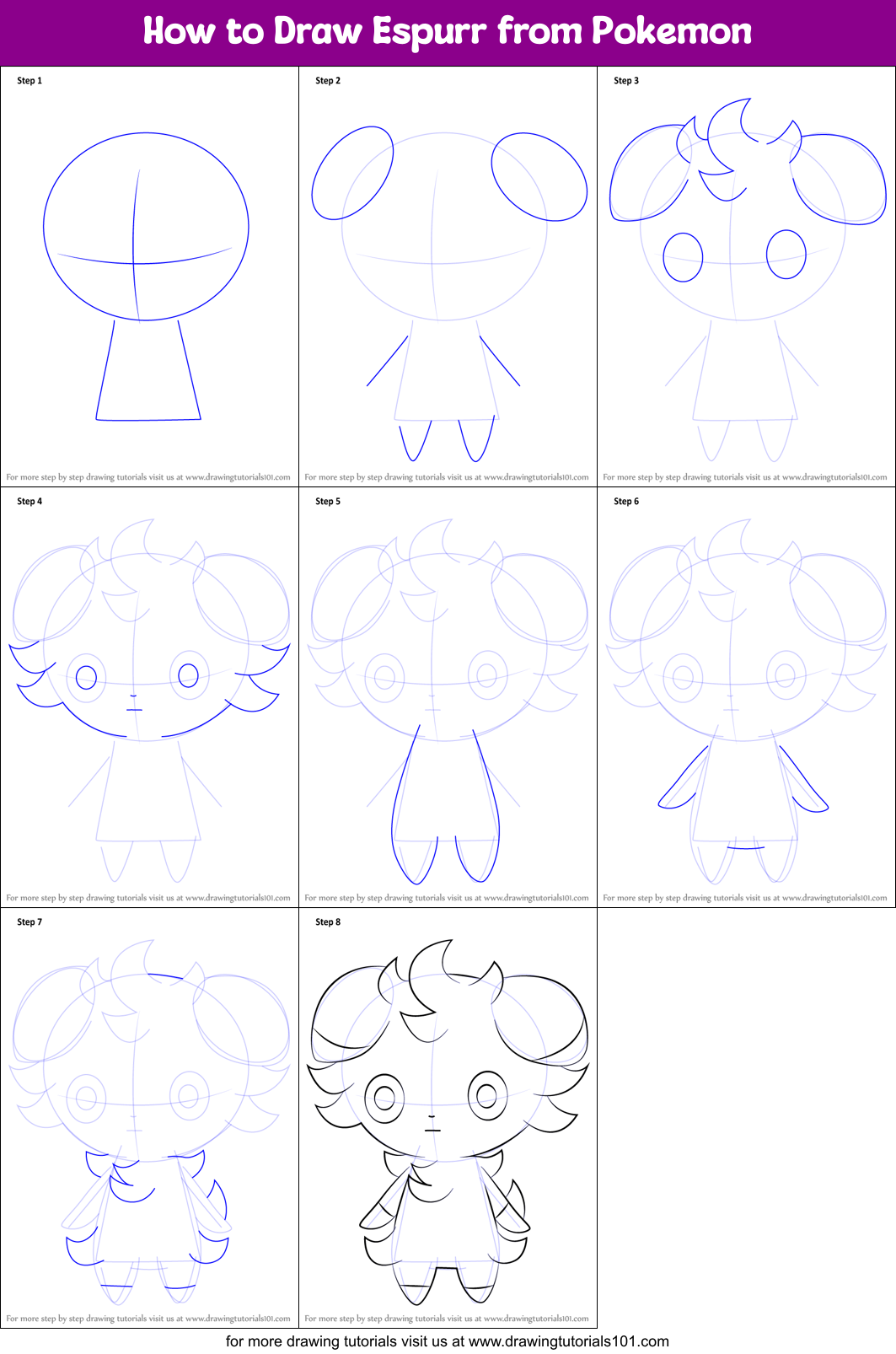 How to Draw Espurr from Pokemon Printable Step by Step