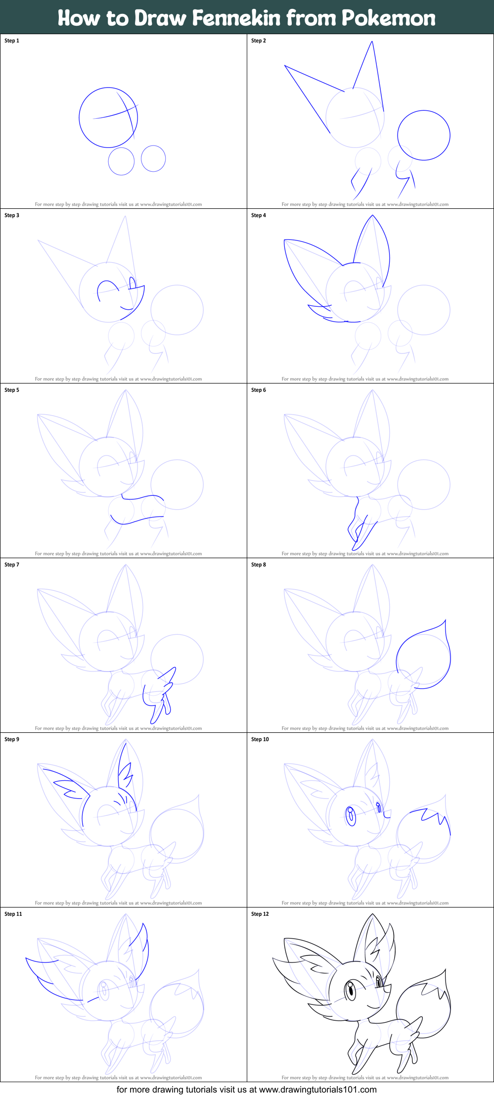 How to Draw Fennekin from Pokemon Printable Step by Step