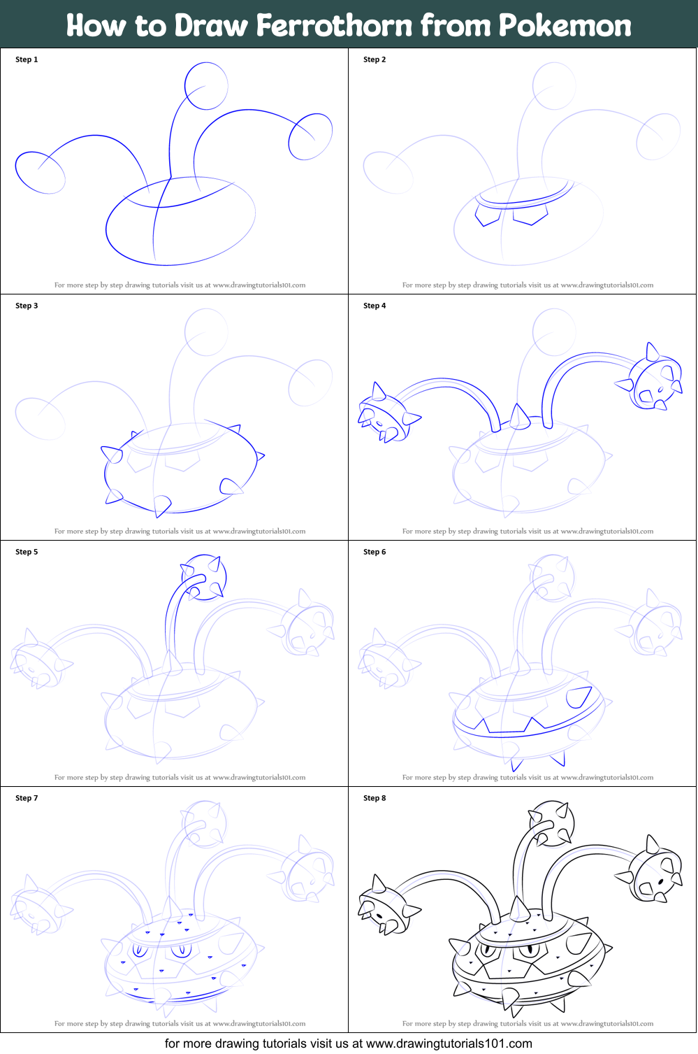 How to Draw Ferrothorn from Pokemon Printable Step by Step