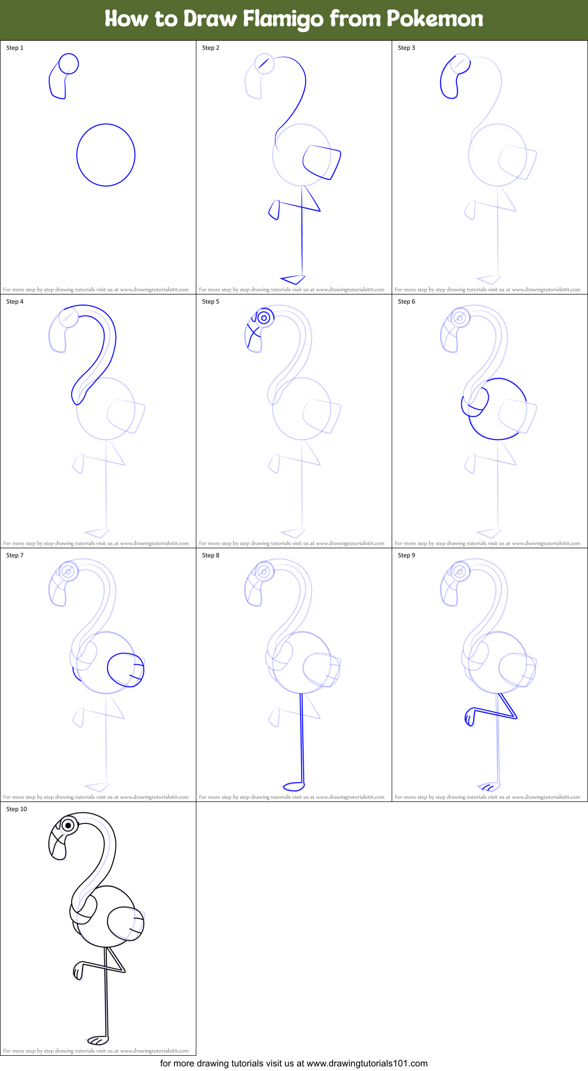 How to Draw Flamigo from Pokemon Printable Step by Step