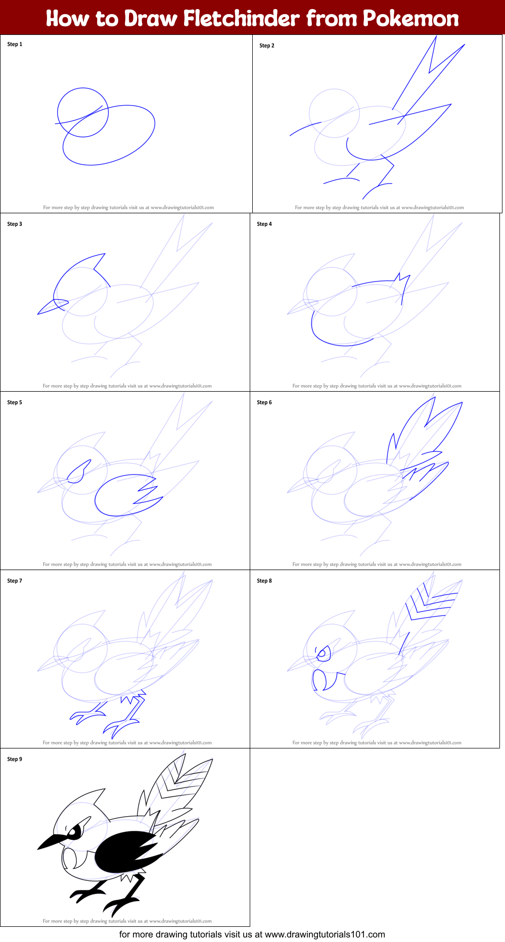 How to Draw Fletchinder from Pokemon Printable Step by Step