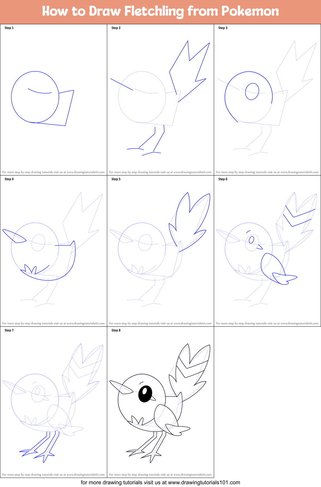 How to Draw Fletchling from Pokemon Printable Step by Step