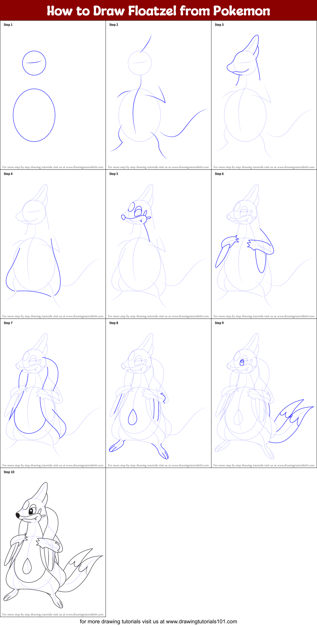 How to Draw Floatzel from Pokemon Printable Step by Step