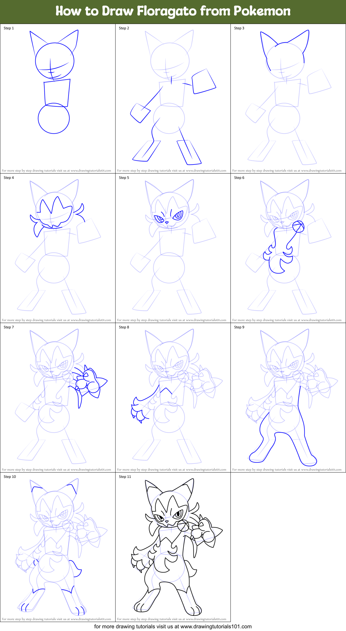 How to Draw Floragato from Pokemon Printable Step by Step