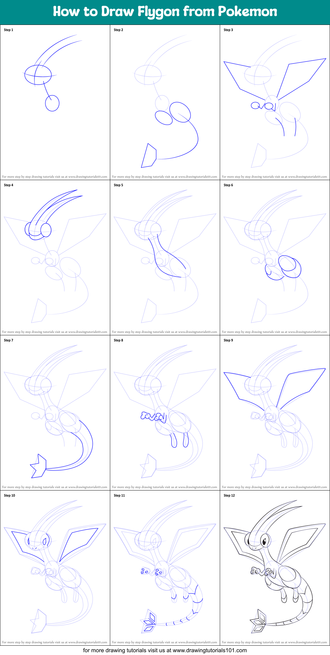 How to Draw Flygon from Pokemon Printable Step by Step