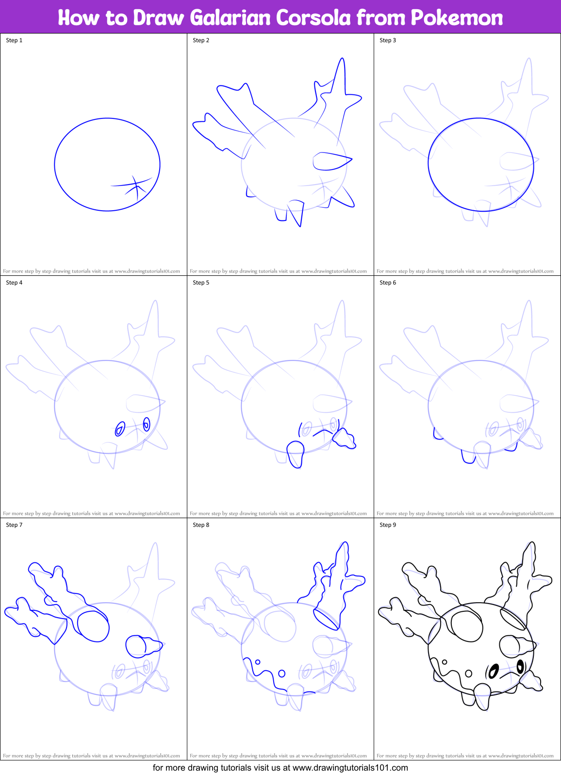 How to Draw Galarian Corsola from Pokemon Printable Step by Step