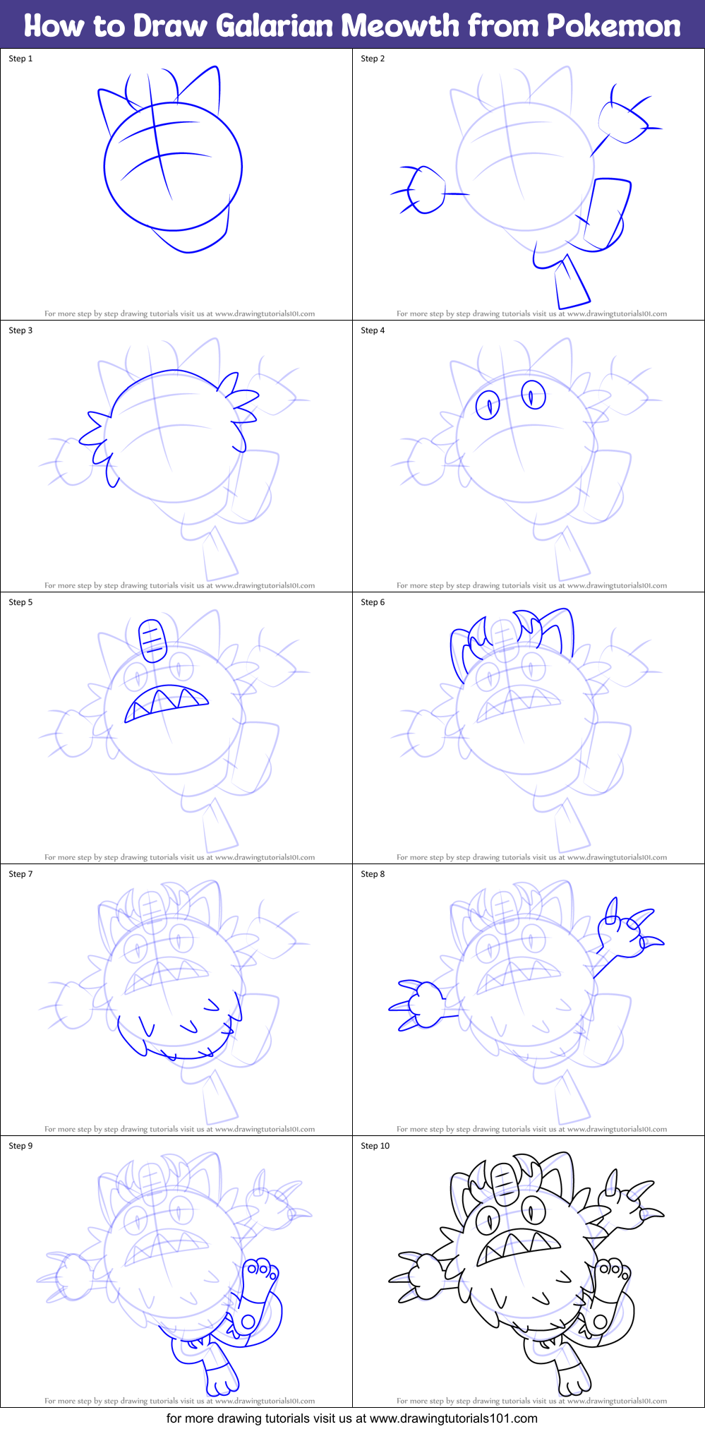 How to Draw Galarian Meowth from Pokemon Printable Step by Step