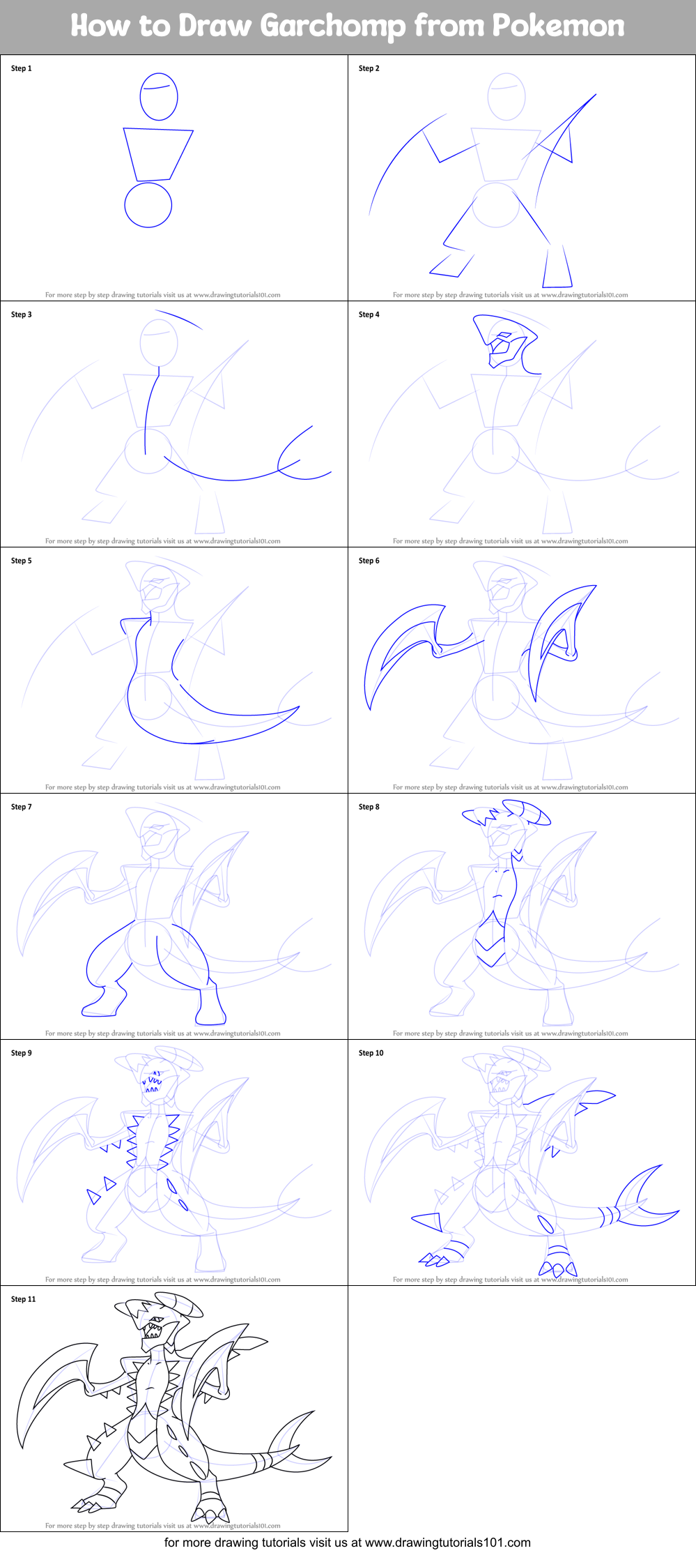 How to Draw Garchomp from Pokemon Printable Step by Step