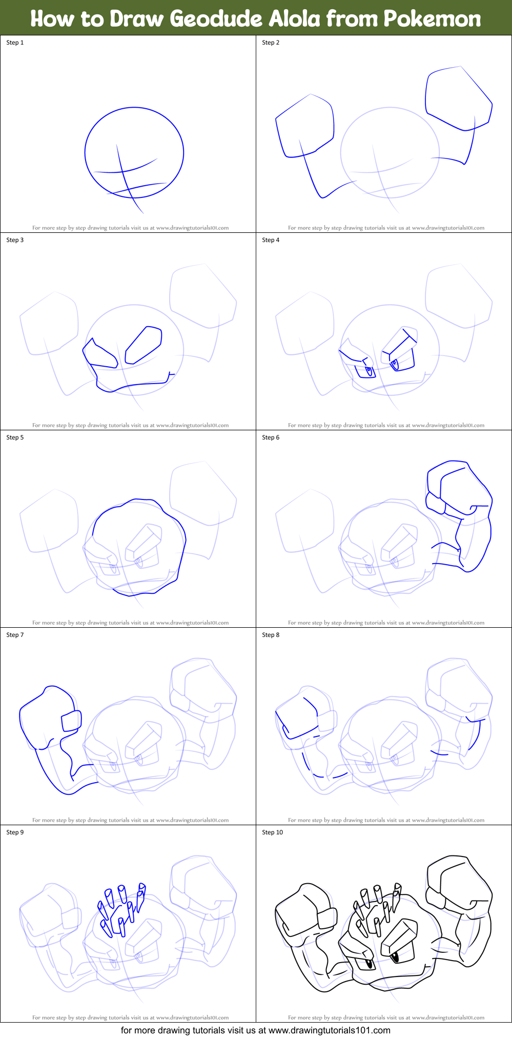 How to Draw Geodude Alola from Pokemon Printable Step by Step