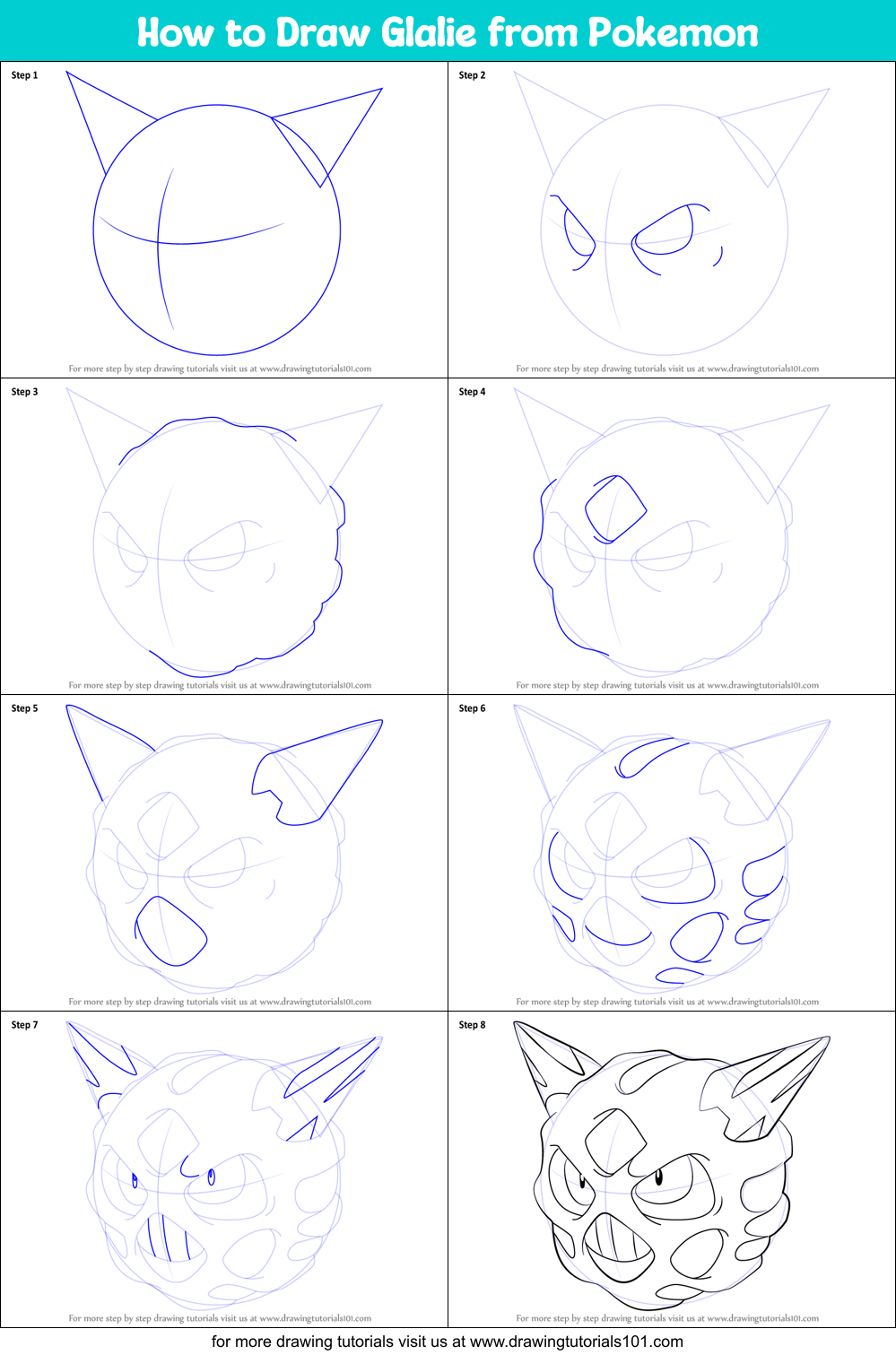 How to Draw Glalie from Pokemon Printable Step by Step