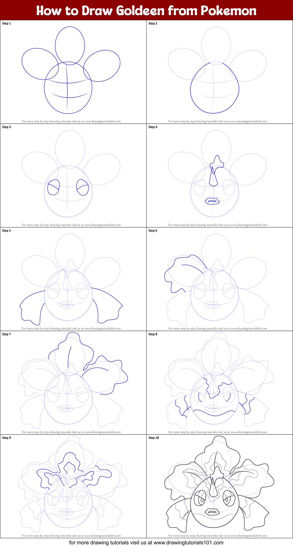 How to Draw Goldeen from Pokemon Printable Step by Step