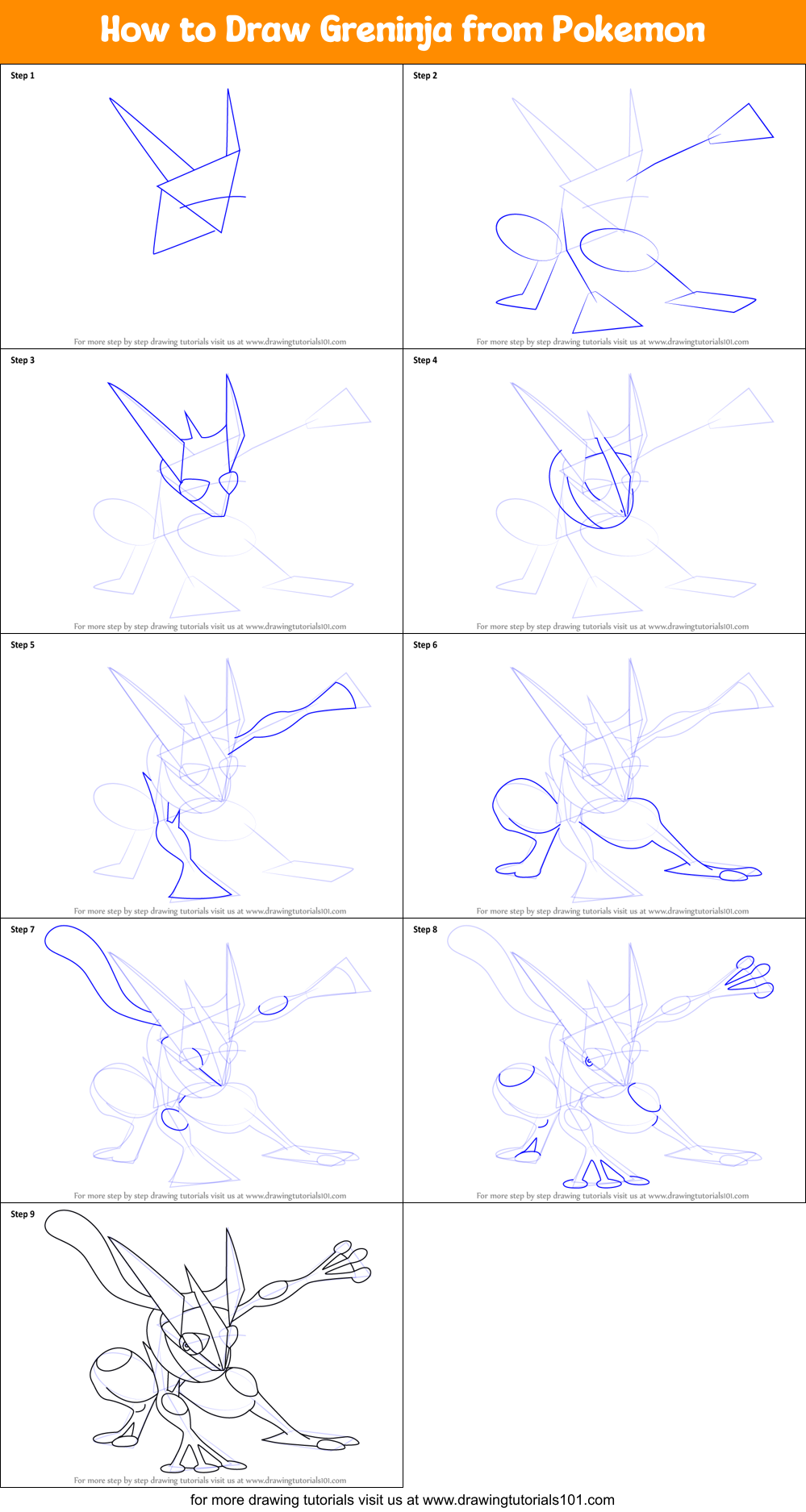 How to Draw Greninja from Pokemon printable step by step drawing sheet