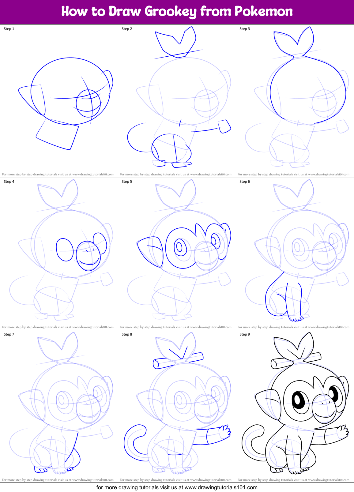 How to Draw Grookey from Pokemon Printable Step by Step