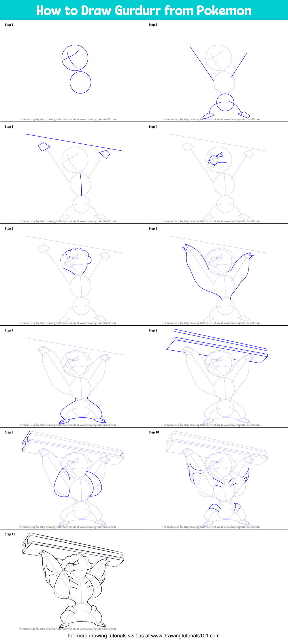How to Draw Gurdurr from Pokemon Printable Step by Step