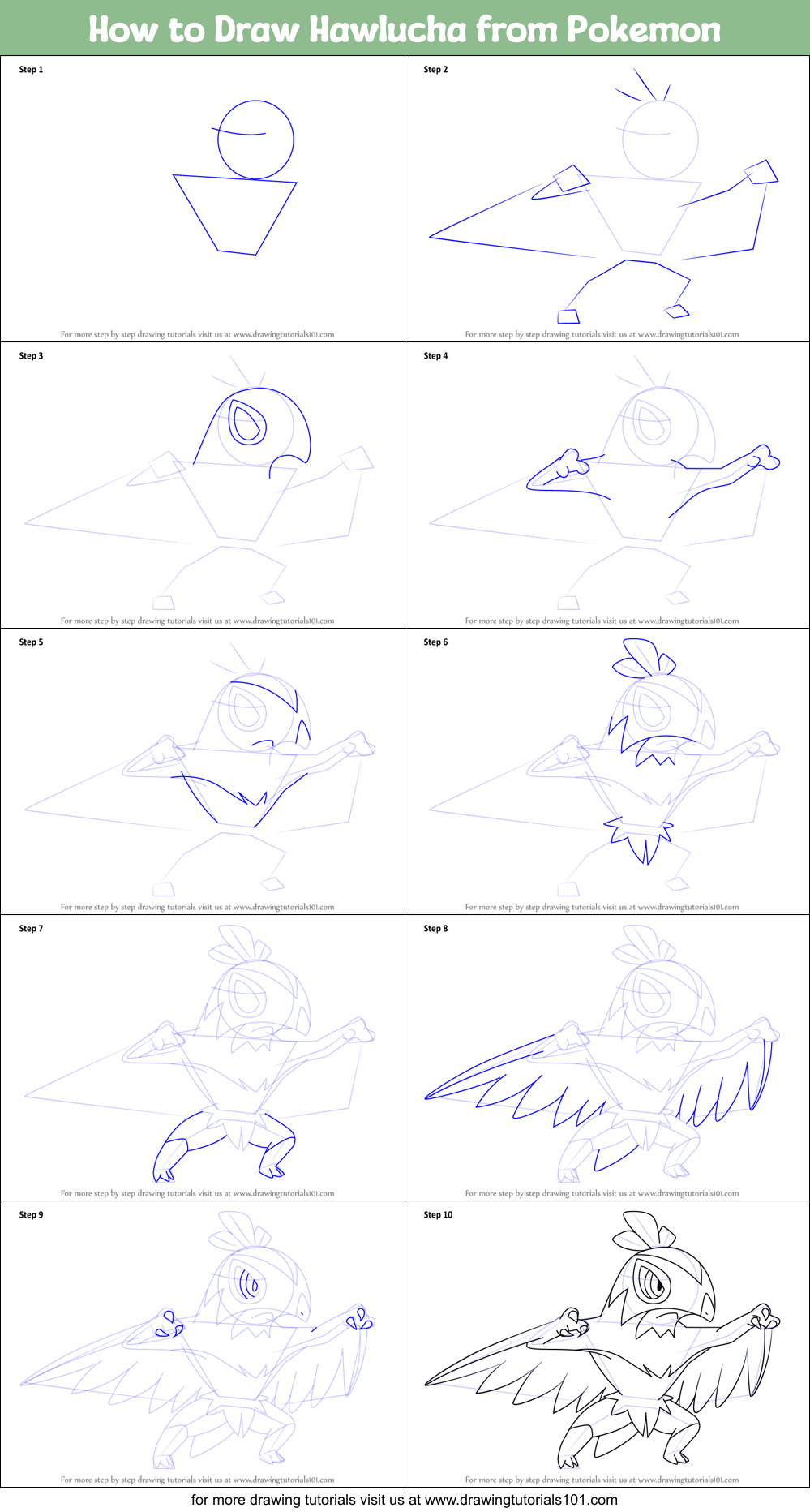 How to Draw Hawlucha from Pokemon Printable Step by Step