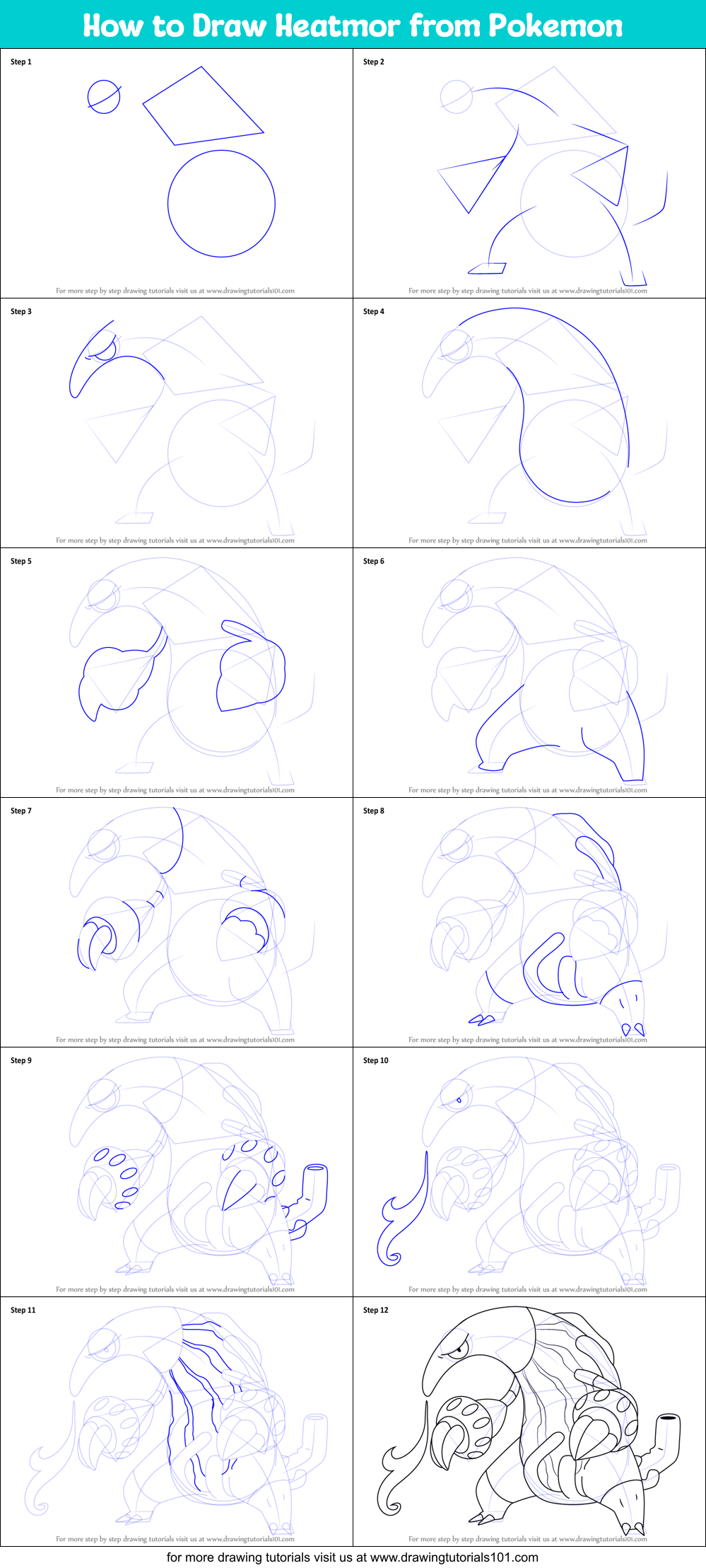 How to Draw Heatmor from Pokemon printable step by step drawing sheet