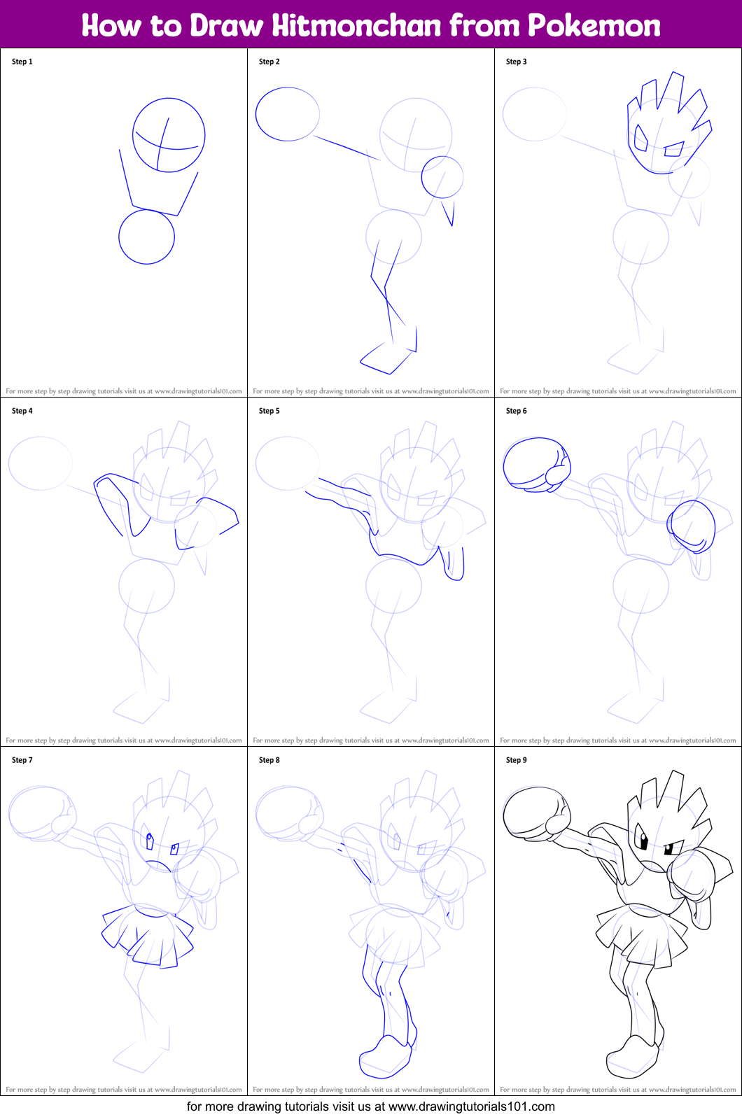 How to Draw Hitmonchan from Pokemon Printable Step by Step