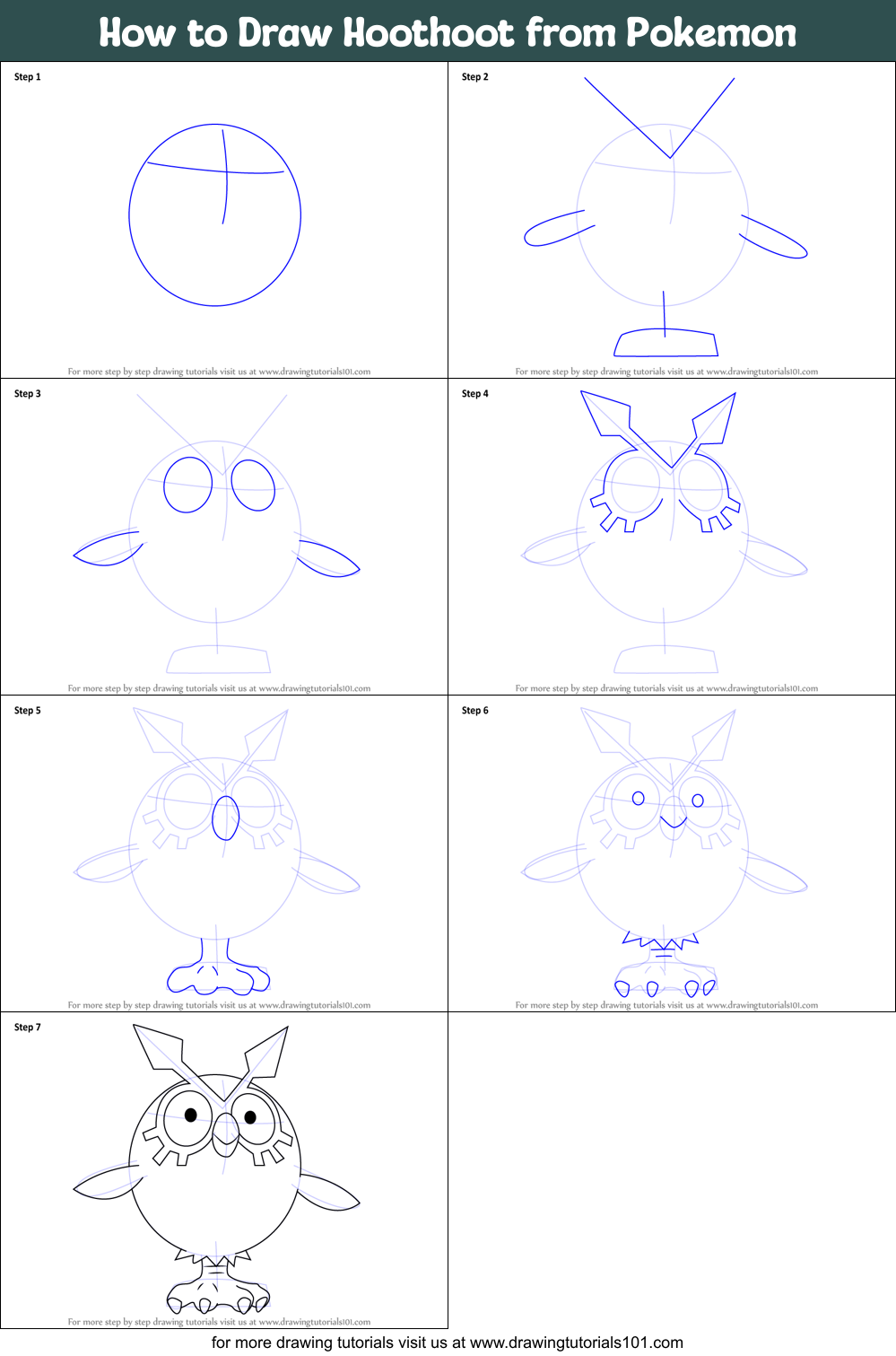 How to Draw Hoothoot from Pokemon Printable Step by Step