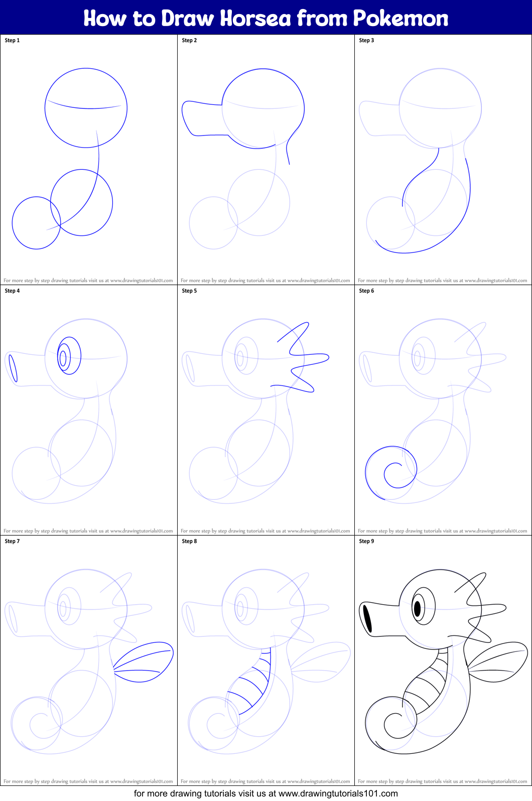 How to Draw Horsea from Pokemon Printable Step by Step