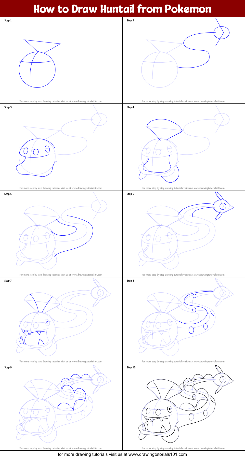 How to Draw Huntail from Pokemon Printable Step by Step