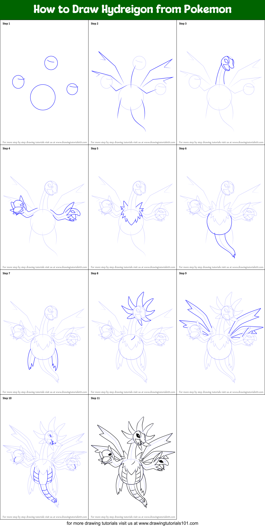 How to Draw Hydreigon from Pokemon Printable Step by Step