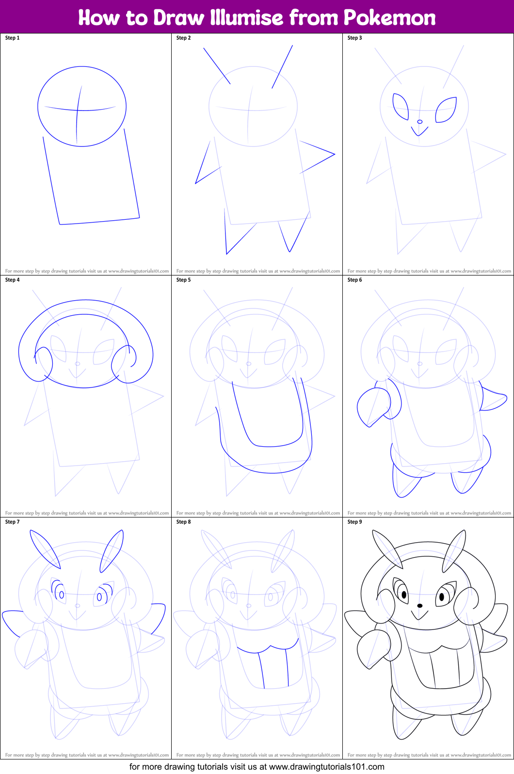 How to Draw Illumise from Pokemon Printable Step by Step