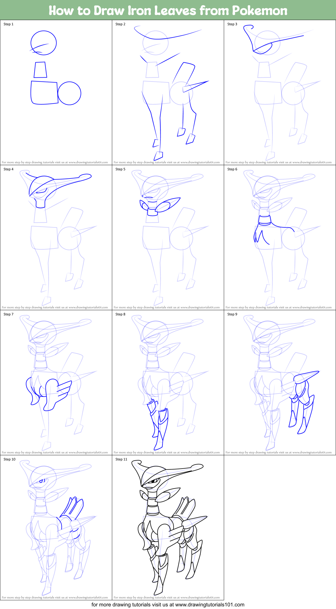 How to Draw Iron Leaves from Pokemon Printable Step by Step