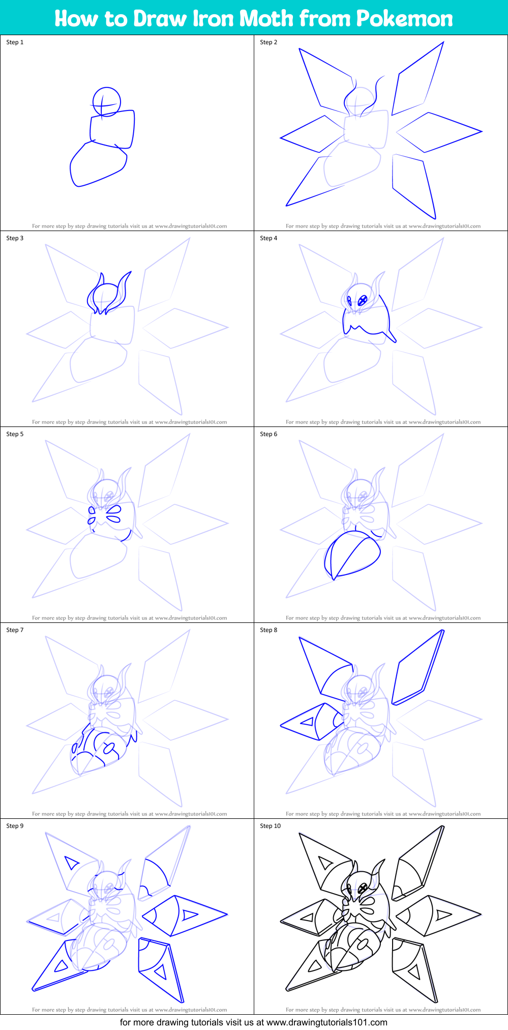 How to Draw Iron Moth from Pokemon Printable Step by Step