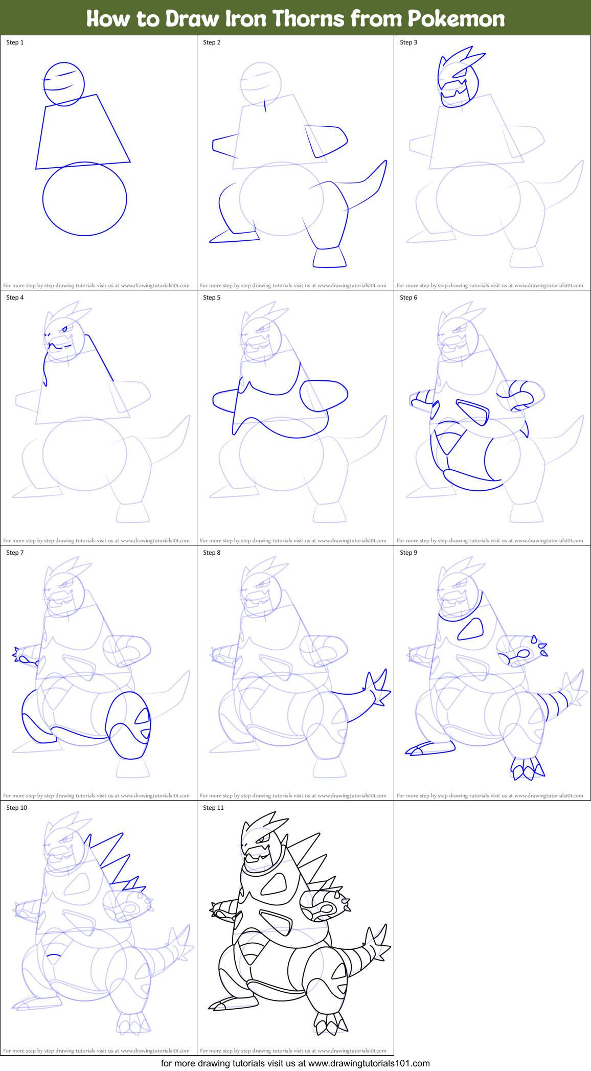 How to Draw Iron Thorns from Pokemon Printable Step by Step