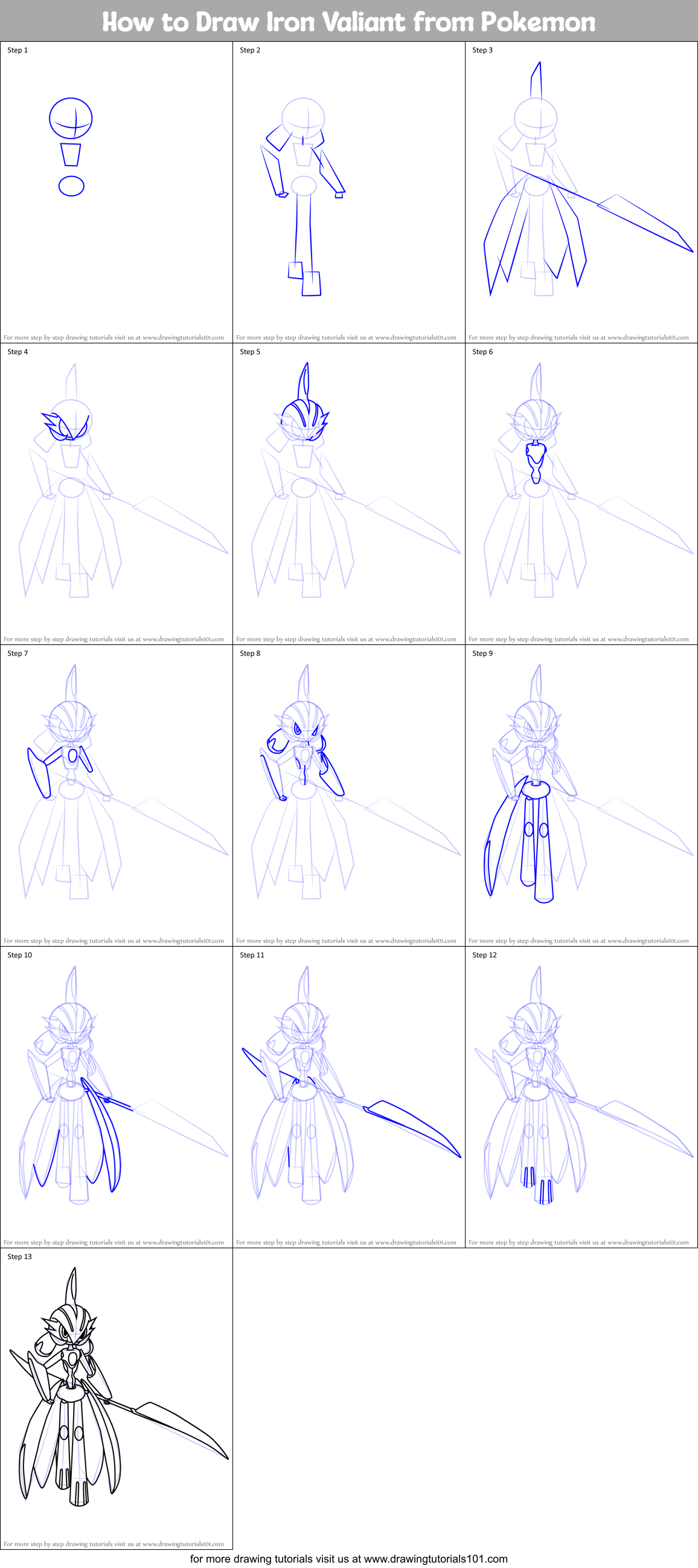 How to Draw Iron Valiant from Pokemon Printable Step by Step