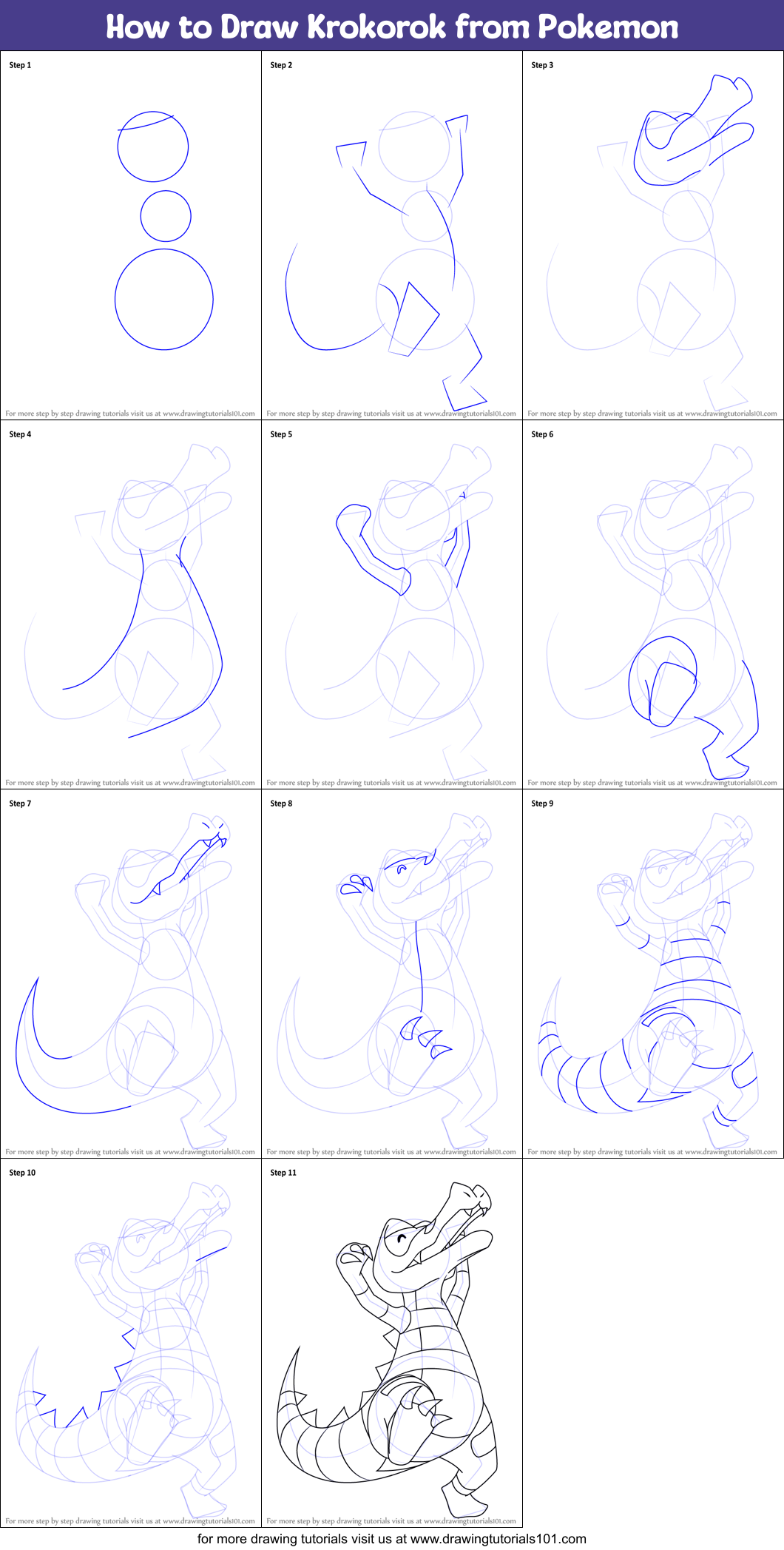 How to Draw Krokorok from Pokemon Printable Step by Step