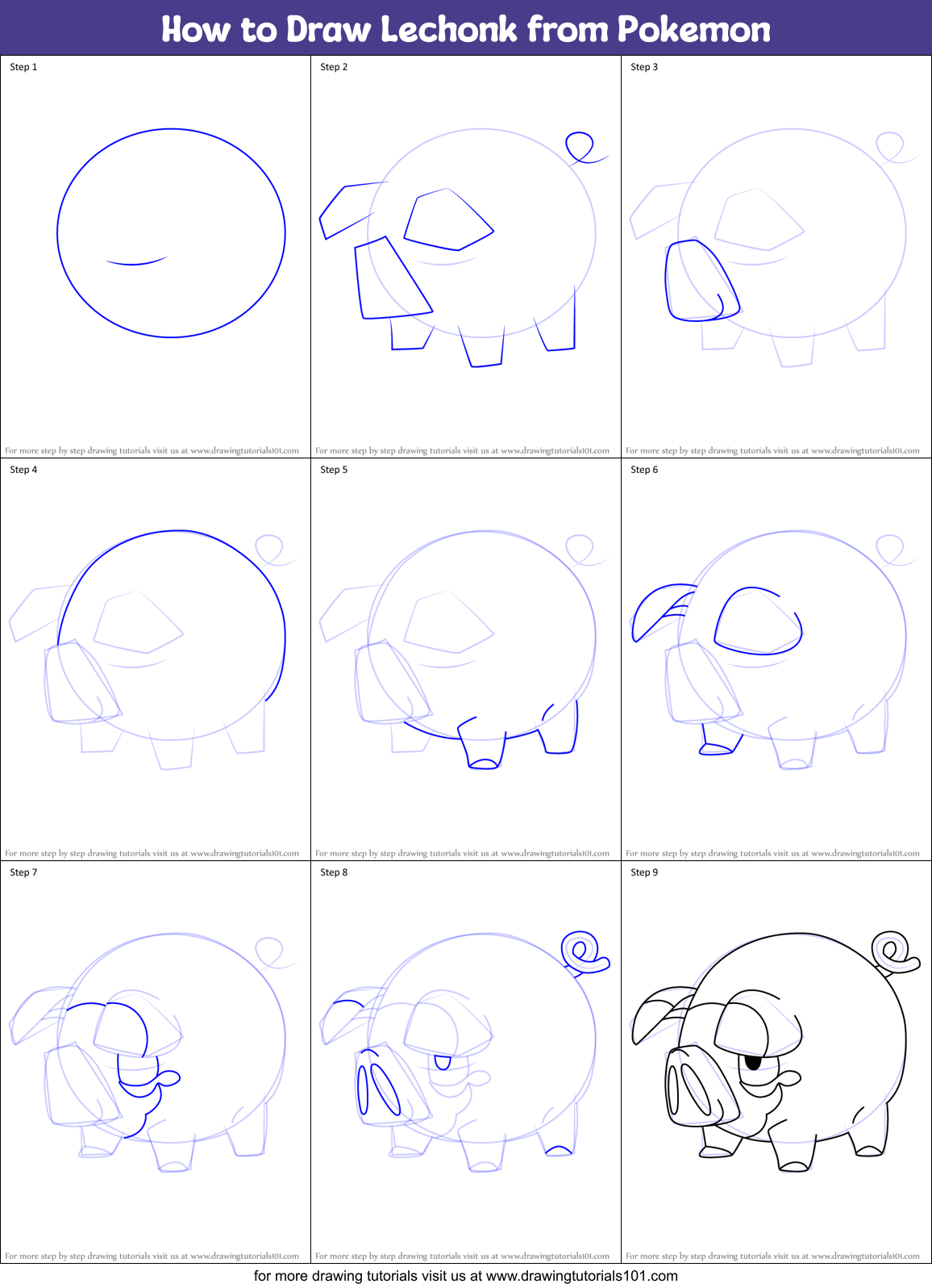 How to Draw Lechonk from Pokemon Printable Step by Step