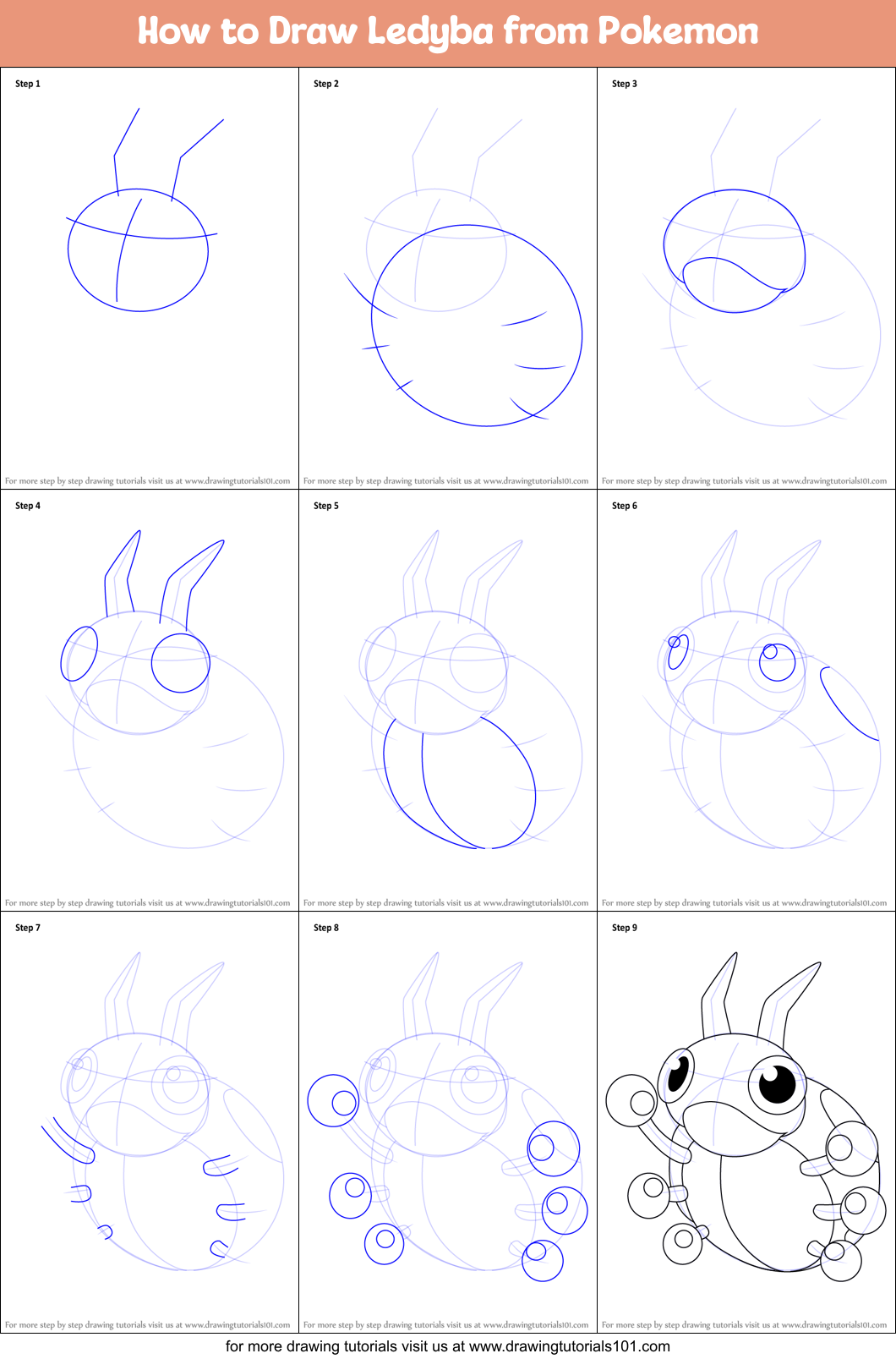 How to Draw Ledyba from Pokemon Printable Step by Step