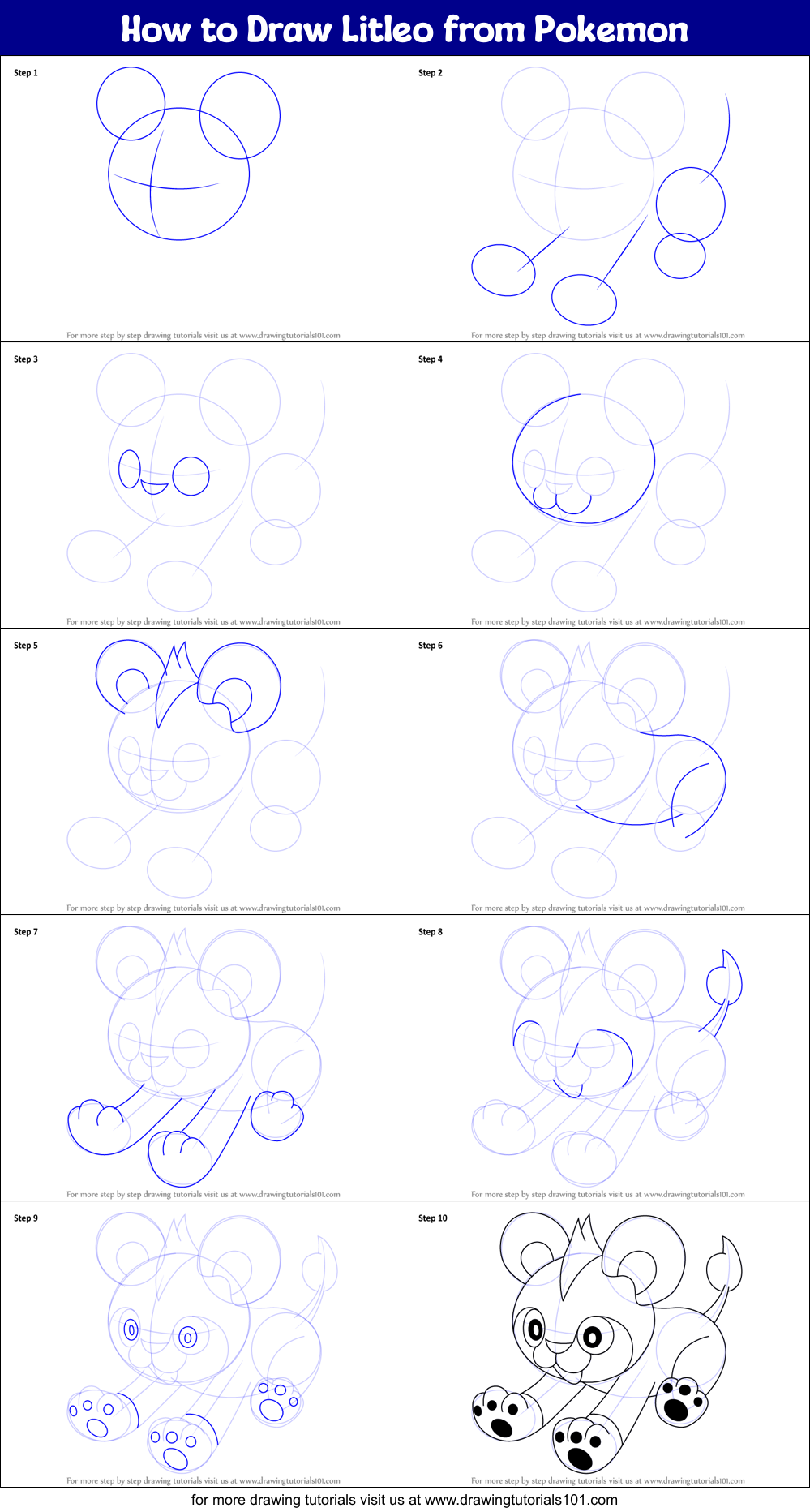 How to Draw Litleo from Pokemon Printable Step by Step
